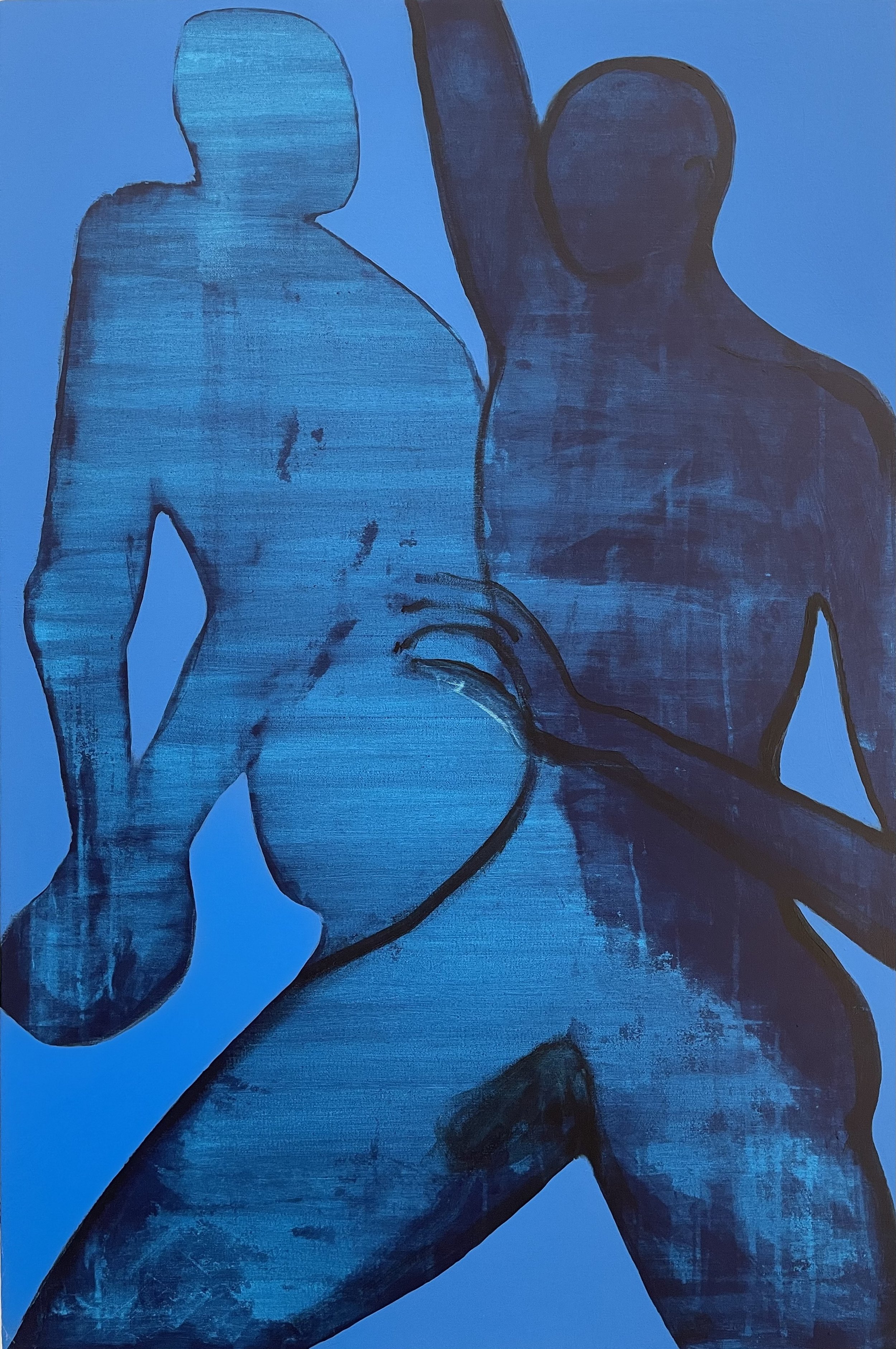 Painting by Fang Norwood: Abstract painting of two standing male figures facing each other with legs overlapping in shades of blue. One lighter blue figure stands with hands clasped behind back, and the other darker blue figure has an arm raised.