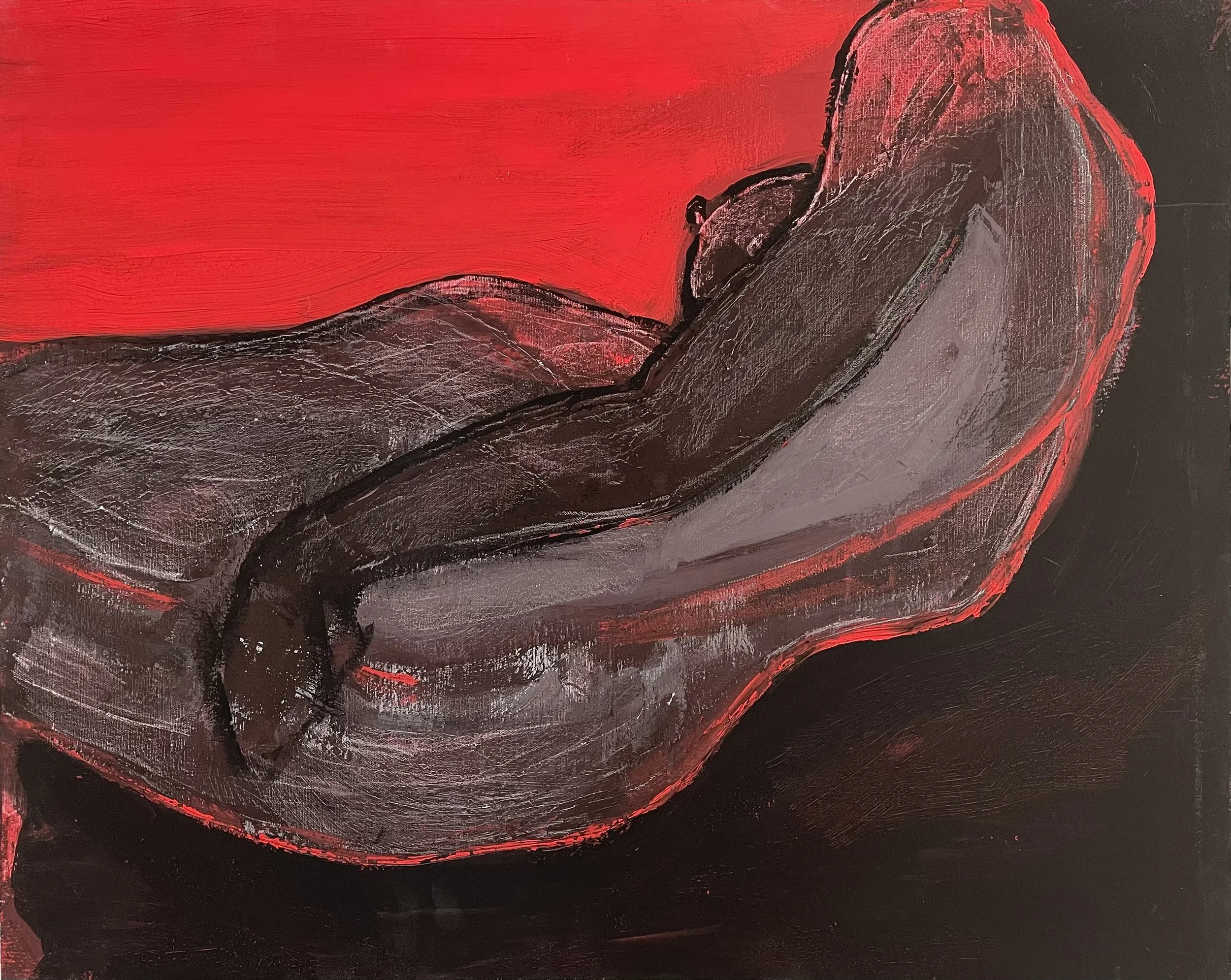 Painting by Fang Norwood: Abstract painting with prominent black and red colors, textured brushstrokes, and a reclining female figure, back to the viewer, in the center.