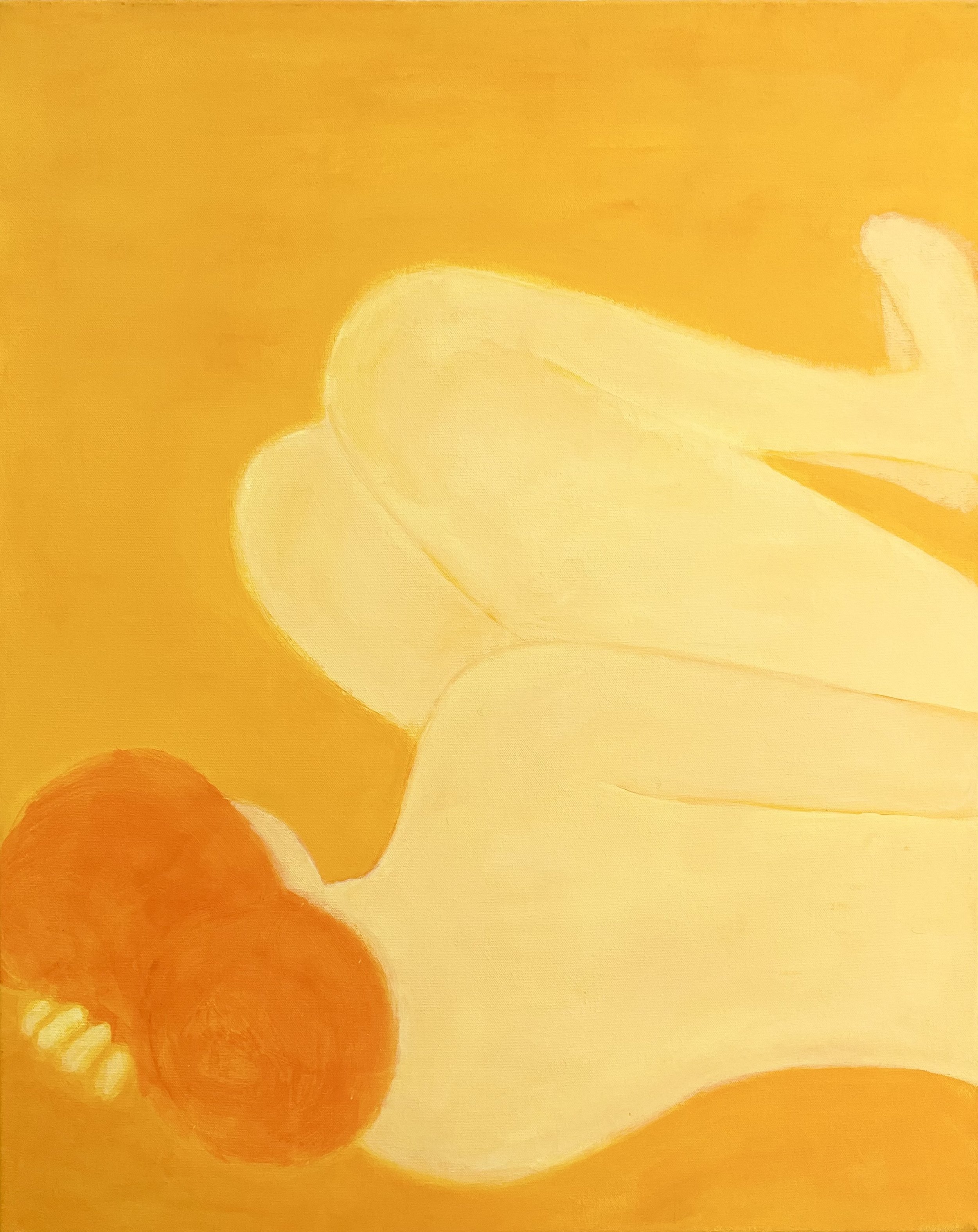 Painting by Fang Norwood: Abstract back facing, head to viewer, reclining on side, female figure in yellow with orange hair, knees pulled up, against warm saturated apricot background.