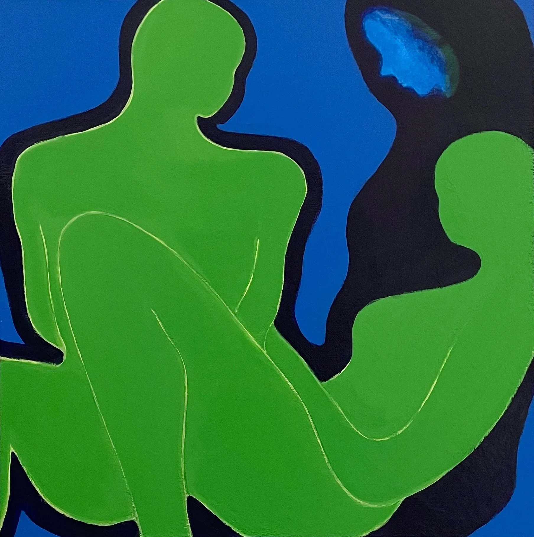 Painting by Fang Norwood: Abstract painting depicting three human profiles, two green in front and one cloaked in deep blue in back, as if in conversation against a blue background.
