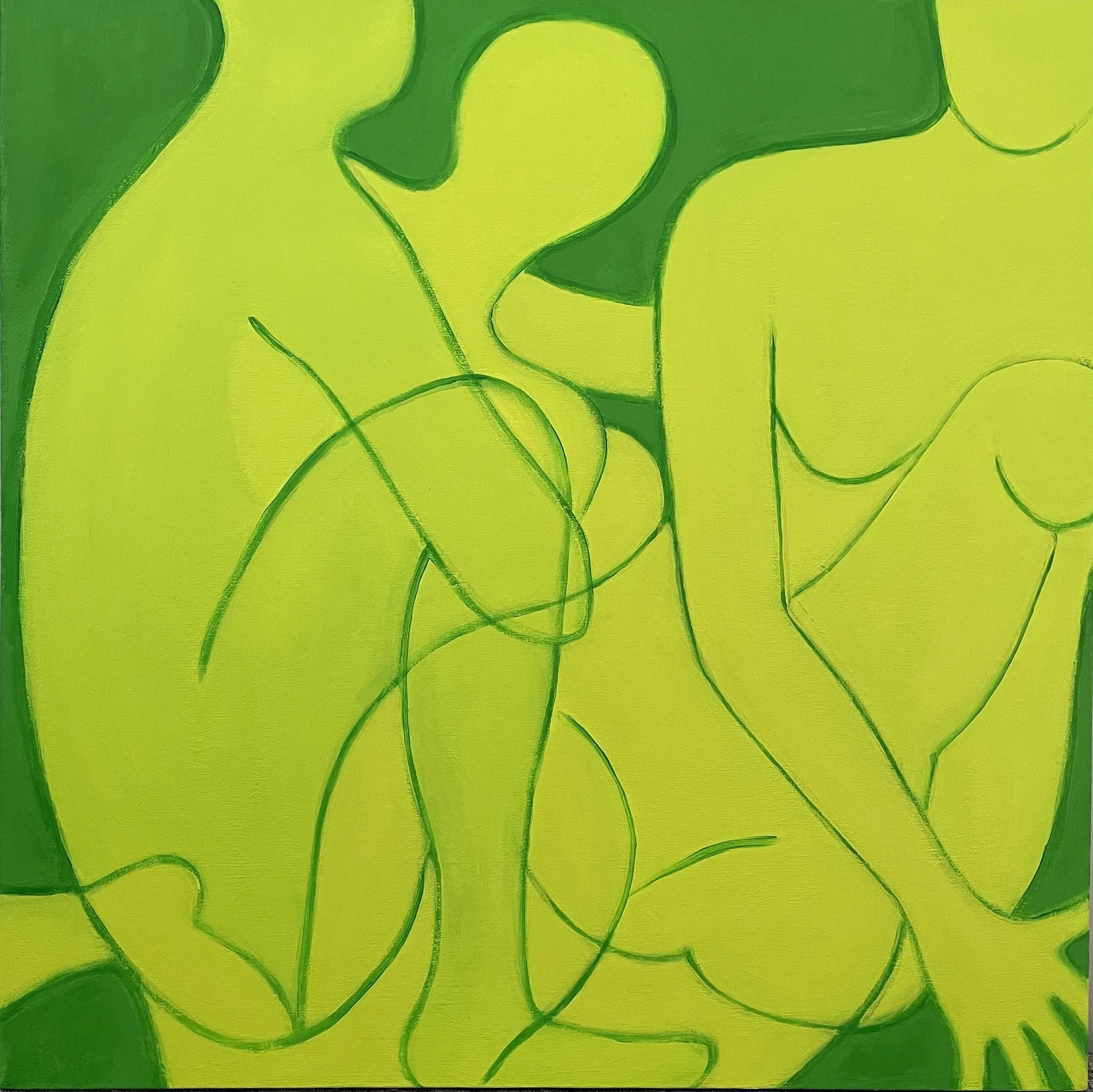 Painting by Fang Norwood: Three abstract female figures in yellow green. connected with intersecting curved green lines, against green background.