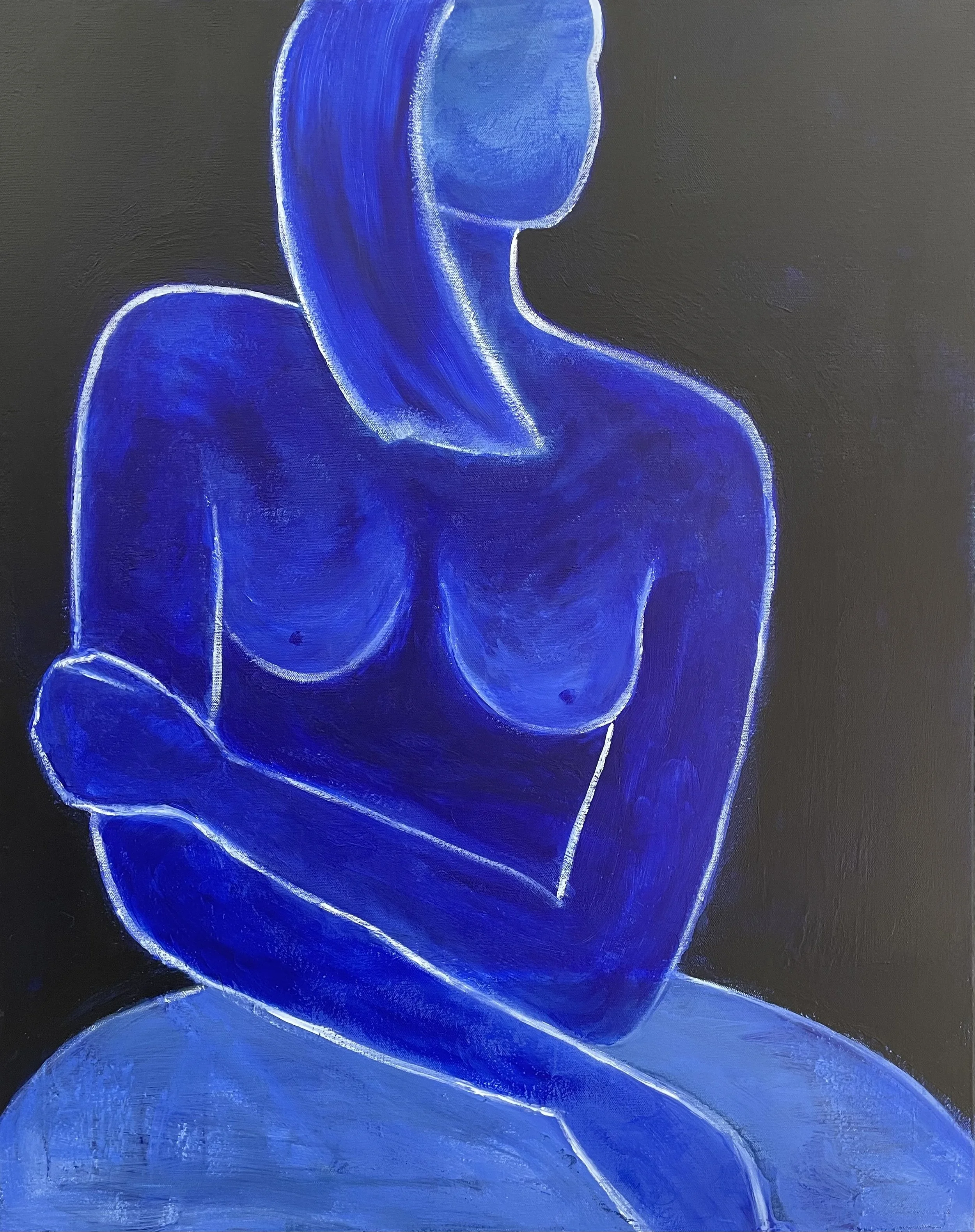 Painting by Fang Norwood: Abstract front facing, sitting, female figure in shades of blue with white outline, head in profile, one arm folded under chest with hand on other arm, other arm has forearm resting on round table surface, against black back