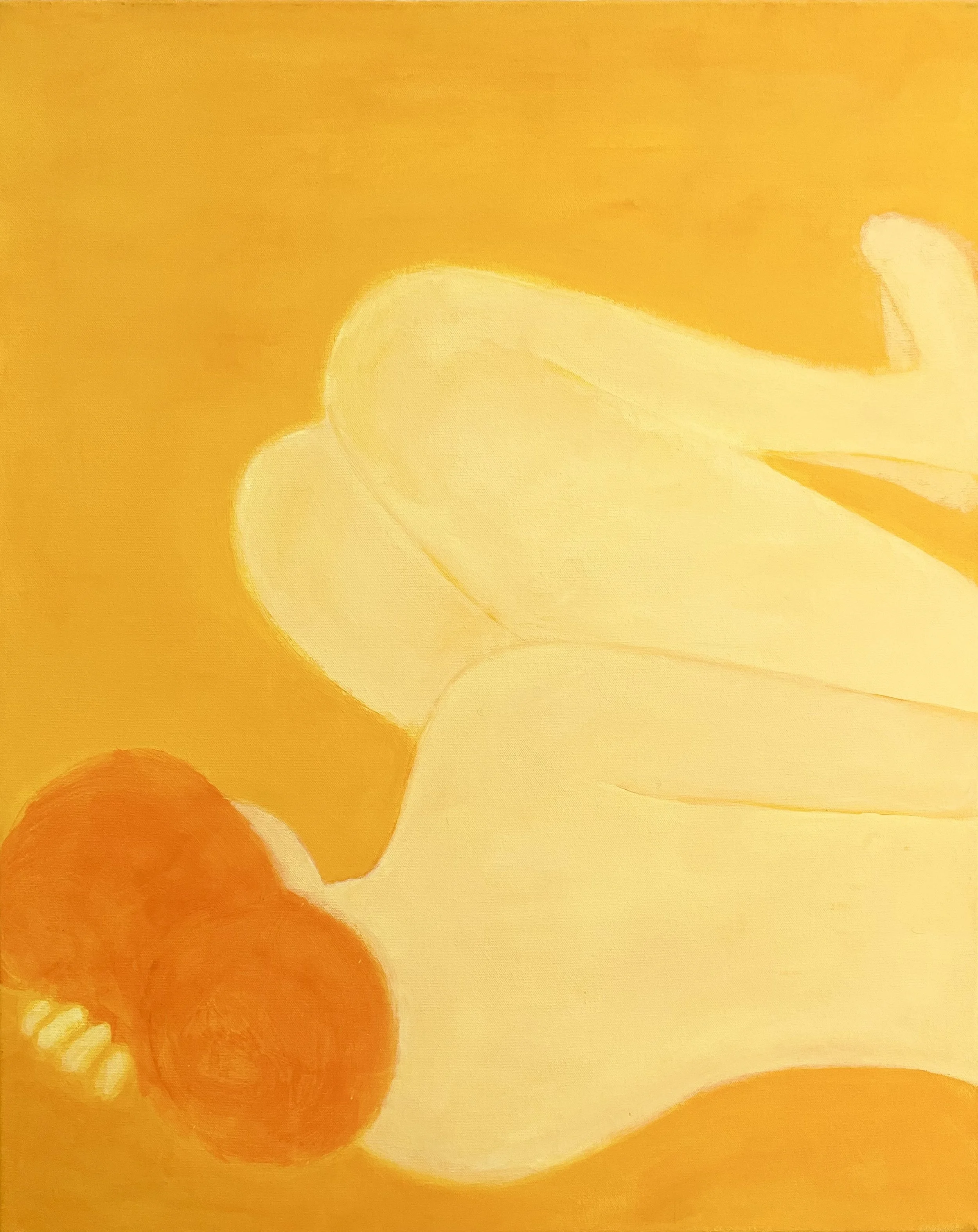 Painting by Fang Norwood: Abstract back facing, head to viewer, reclining on side, female figure in yellow with orange hair, knees pulled up, against warm saturated apricot background.
