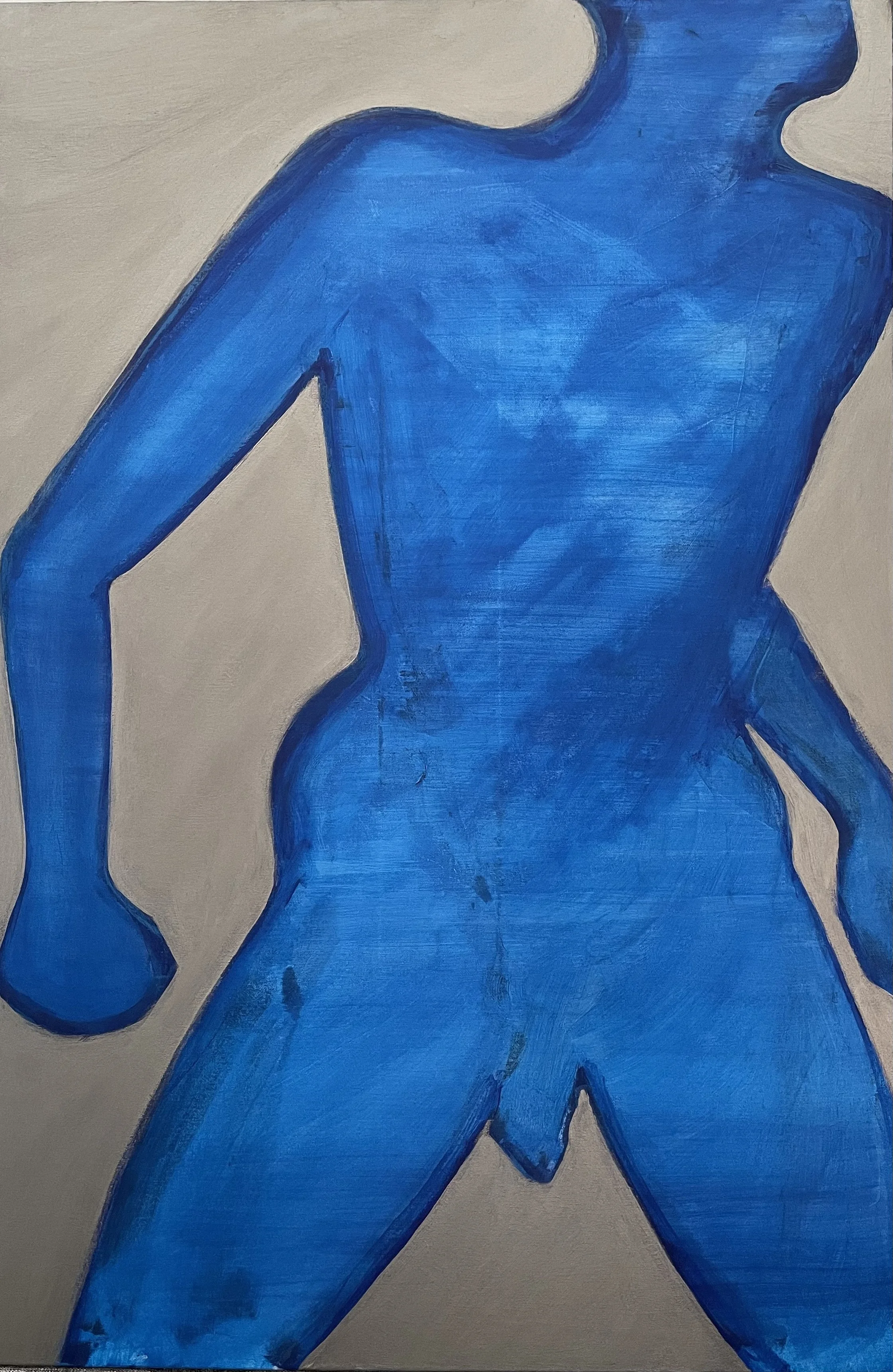 Painting by Fang Norwood: Abstract front facing, standing, male figure, showing from the middle of the head to the knees, showing arm with fist, in blue with silver background. 