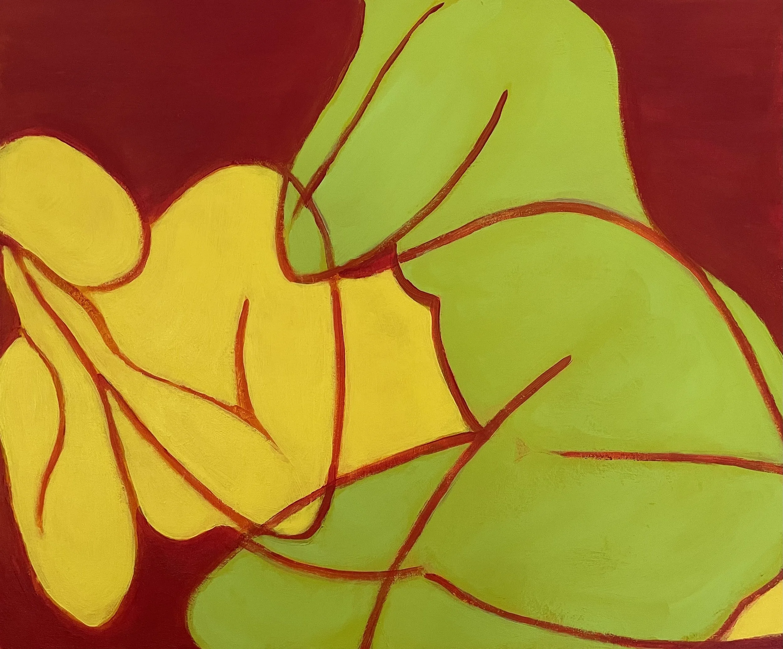 Fang Norwood's painting: Abstract painting of two reclining female figures, one in yellow, one in green, with red background. Yellow figure's head leaning on both hands together under head. Green figure on top of yellow figure connected by red lines.