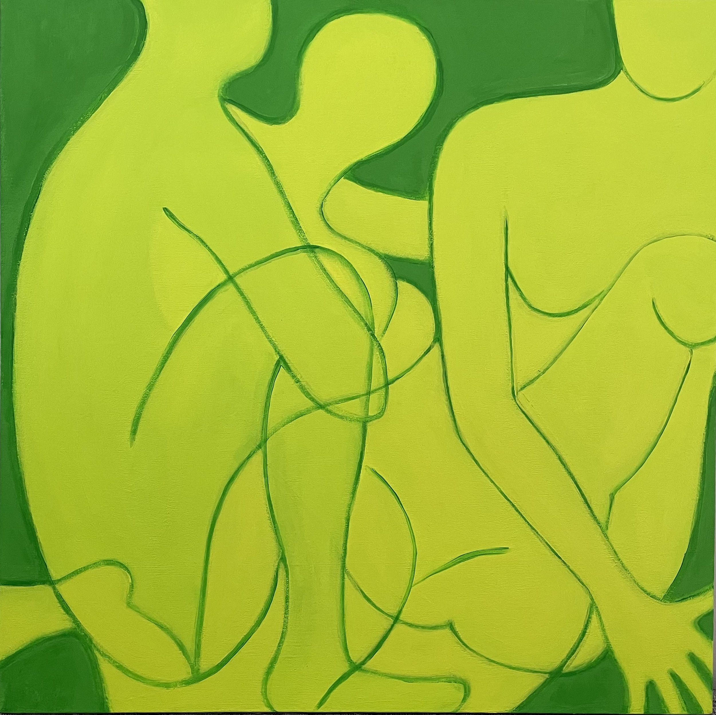 Painting by Fang Norwood: Three abstract female figures in yellow green. connected with intersecting curved green lines, against green background. 