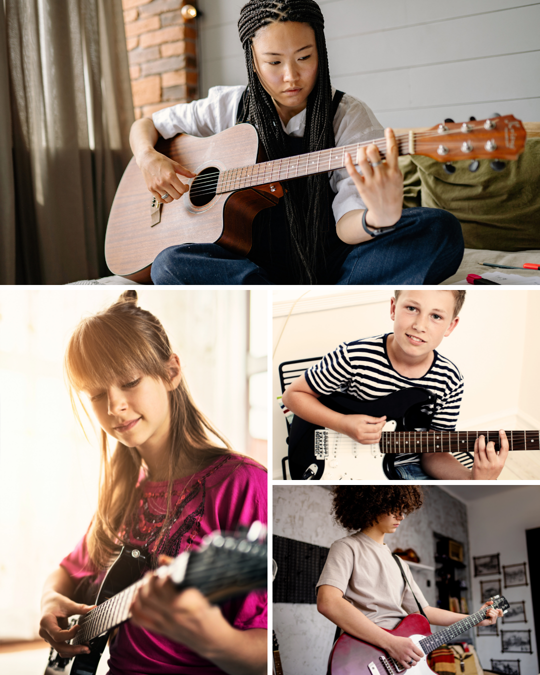 Four children playing or practicing guitar in different settings.