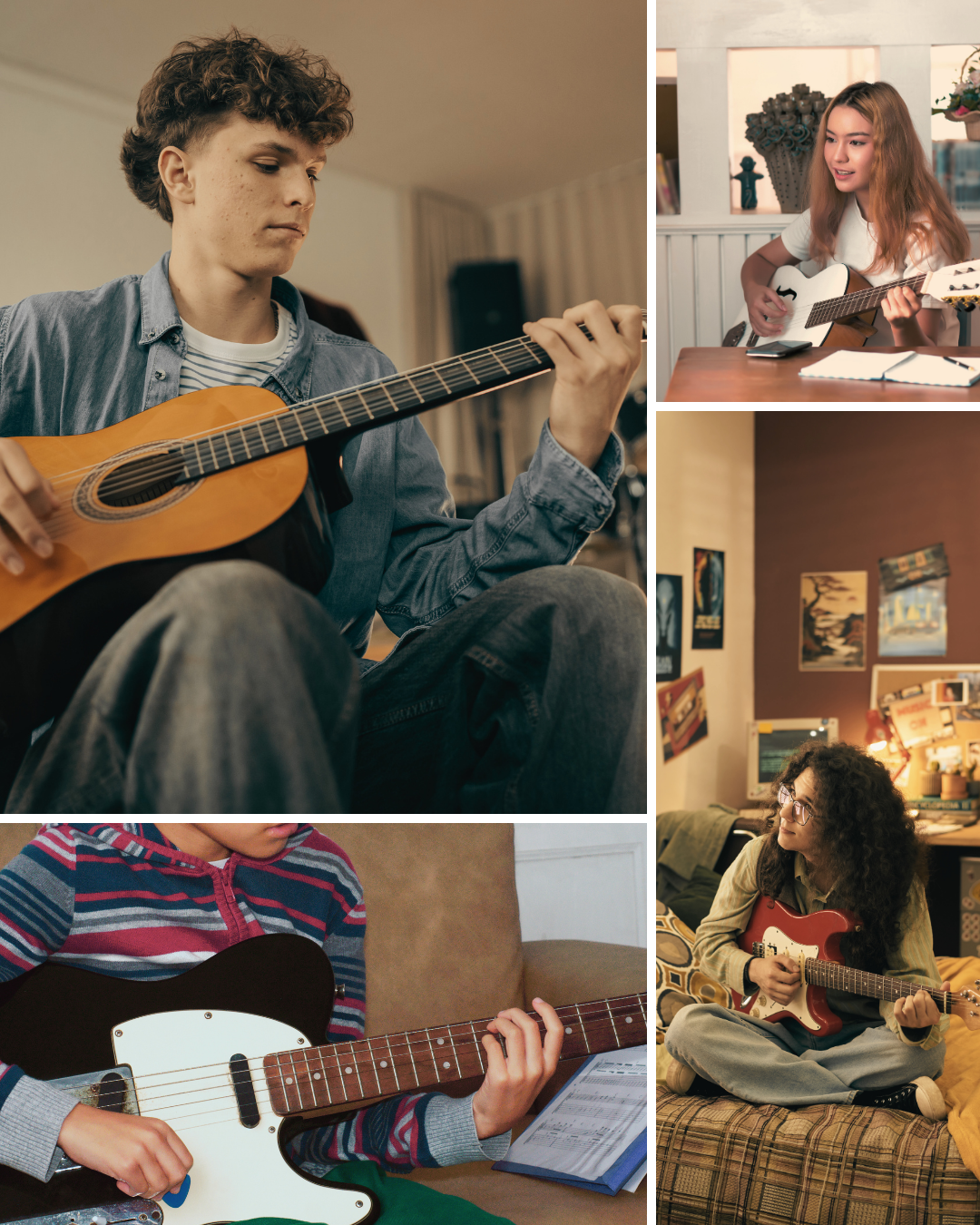 Collage of four people playing guitars in various settings, including a living room, a study area, and a bedroom, capturing different ages and styles.