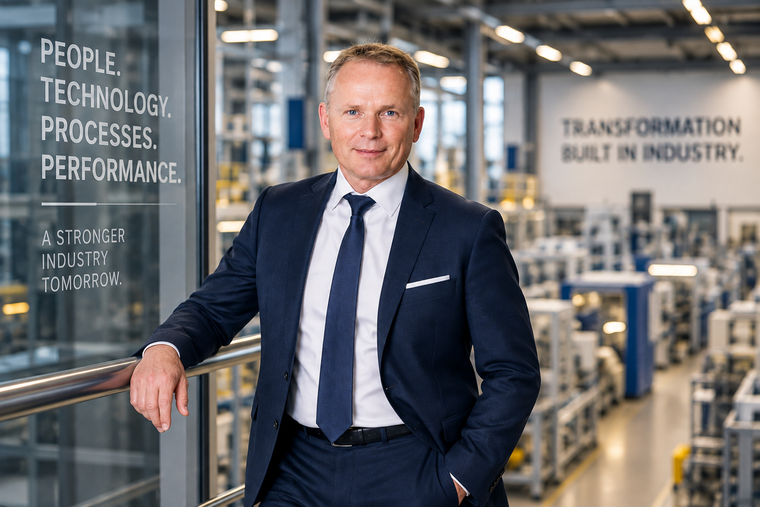 Dieter Eltschkner in an industrial environment with People, Technology, Processes and Performance highlighted as transformation drivers.