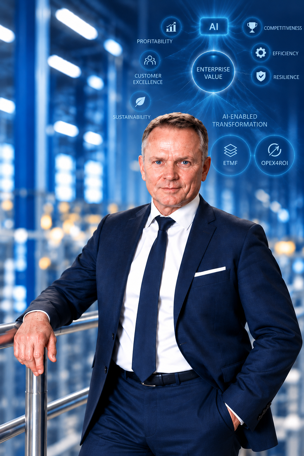 Dieter Eltschkner, Transformation & Operational Excellence Leader, in an industrial environment representing AI-enabled enterprise transformation and business value