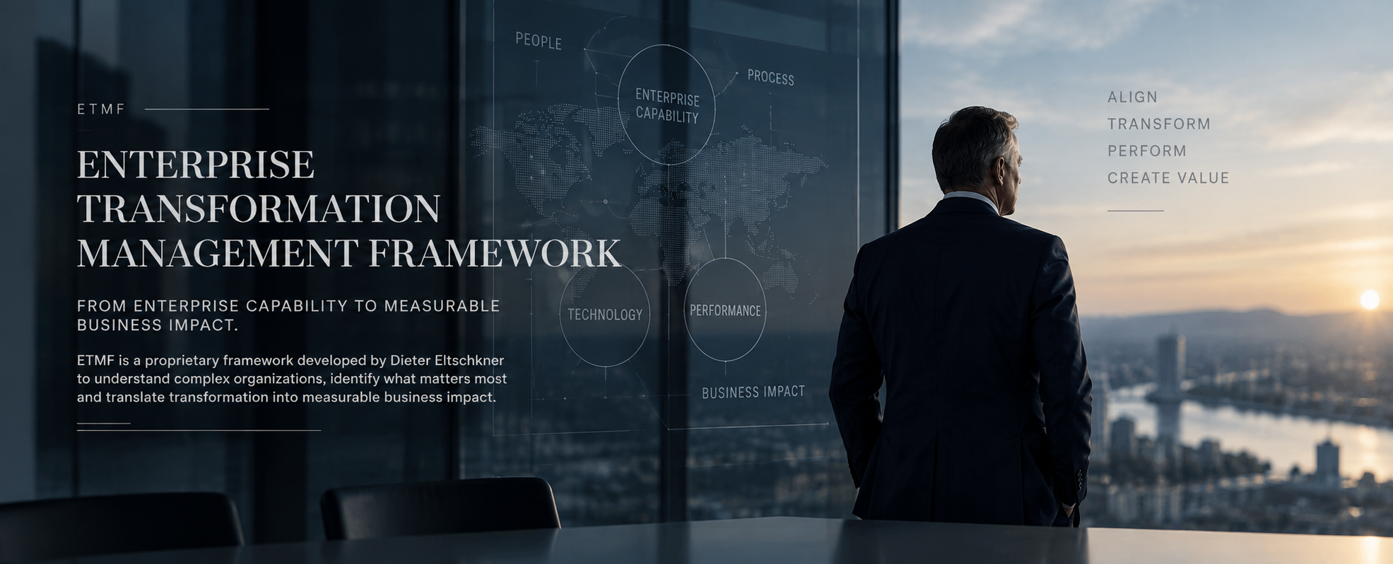 Executive overlooking a city skyline with an enterprise transformation network, representing digital transformation and connected business capabilities.
