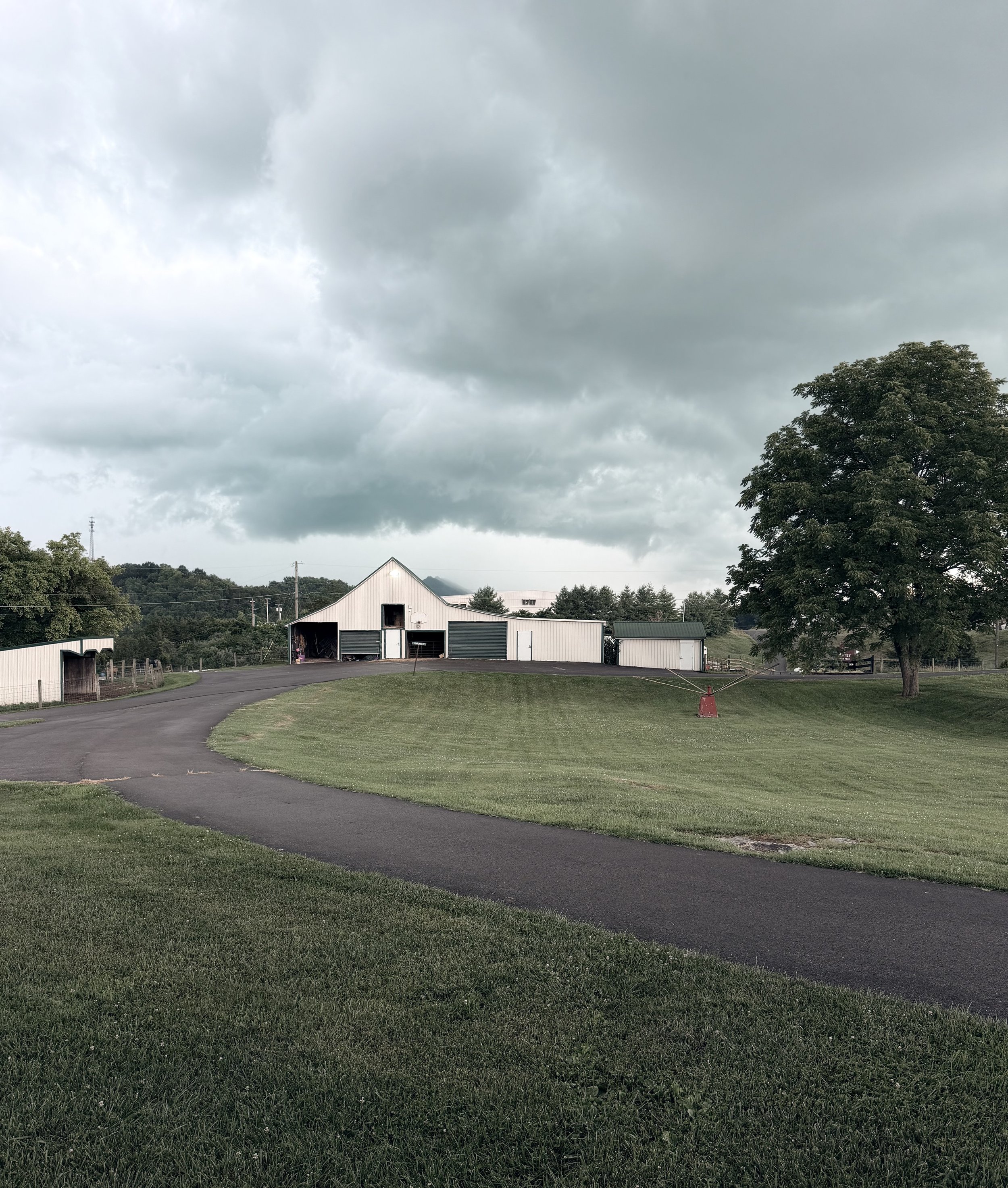 A rural scene with a large tree on the right, farm buildings including a white barn and a smaller white shed, a paved driveway, grassy areas, and a cloudy sky overhead.