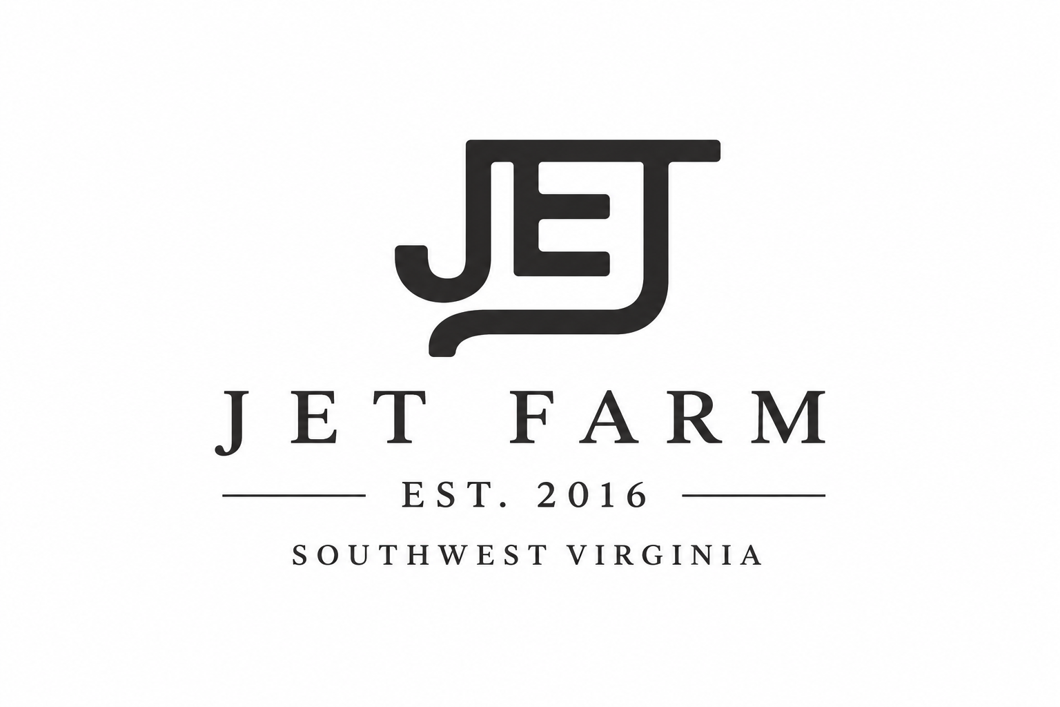 Logo for Jet Farm featuring a stylized 'J' and 'F' in black with the text 'Jet Farm' below, established 2016, in Southwest Virginia.