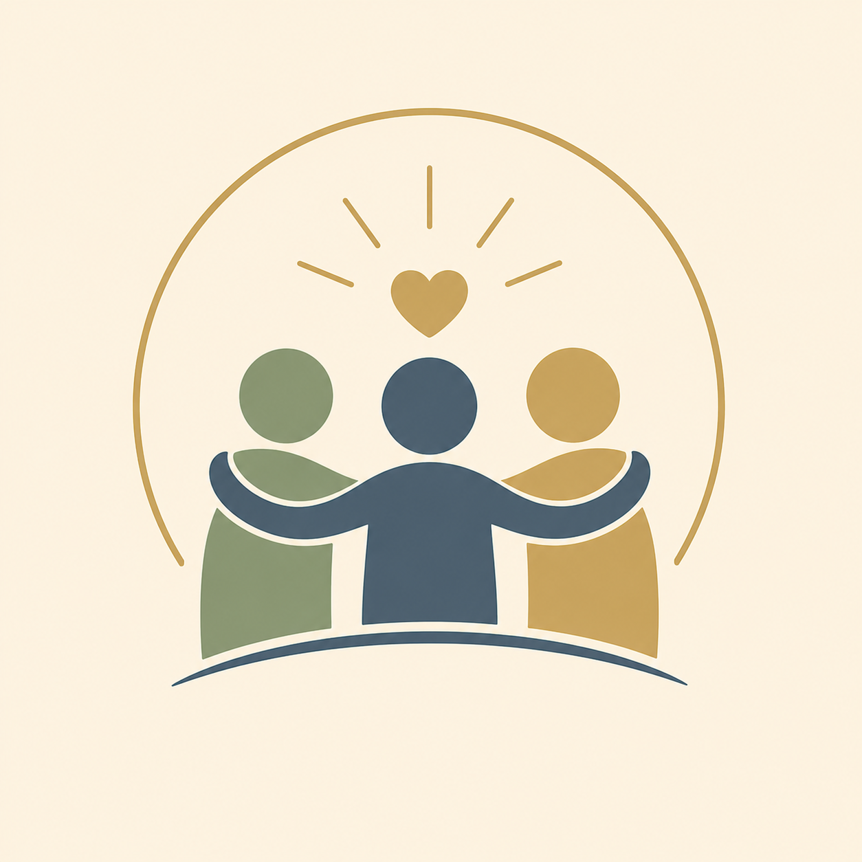 Illustration of three people embracing with a heart and rays above their heads, symbolizing care and support.