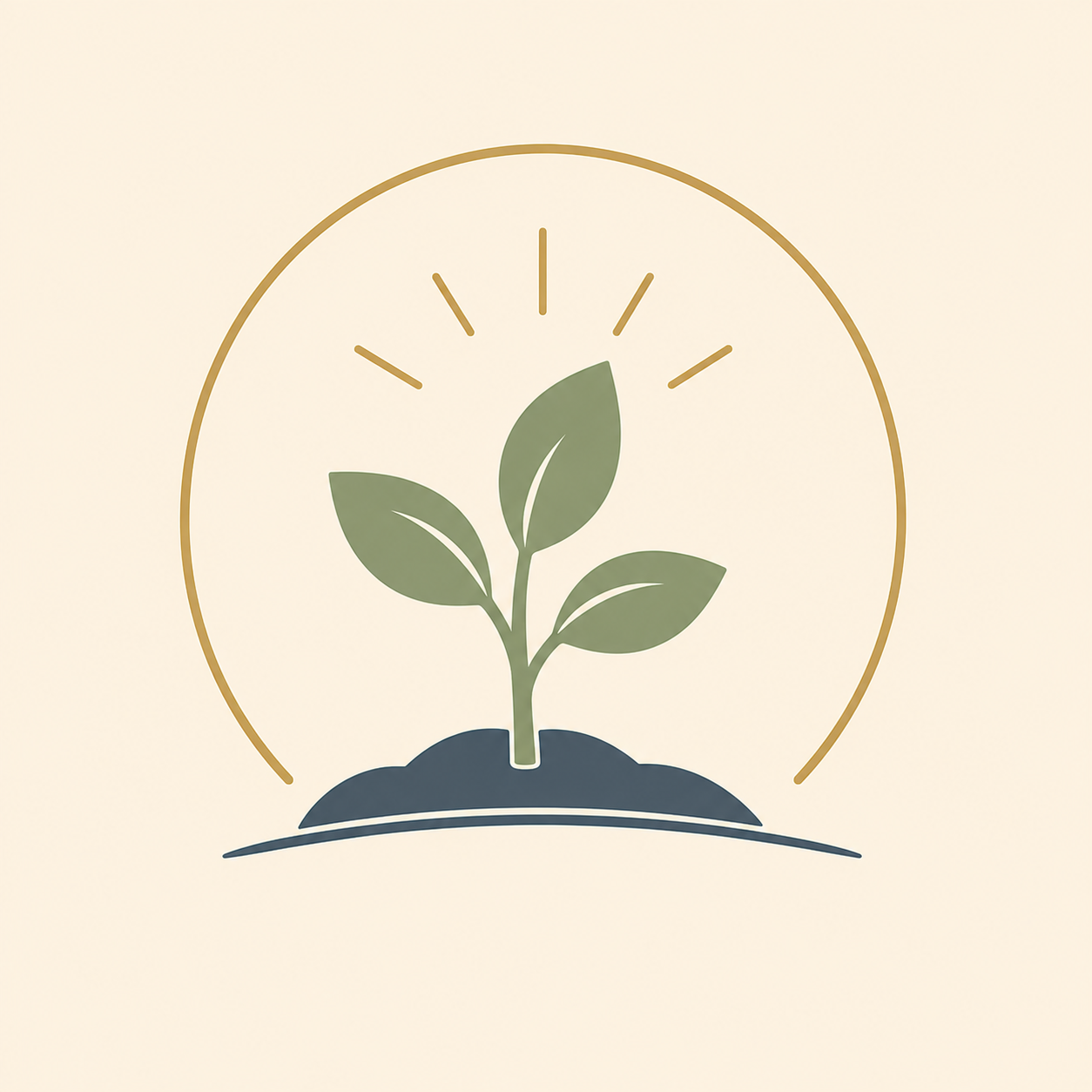 Minimalist illustration of a growing plant with three leaves, under a semi-circle, symbolizing growth and sustainability.
