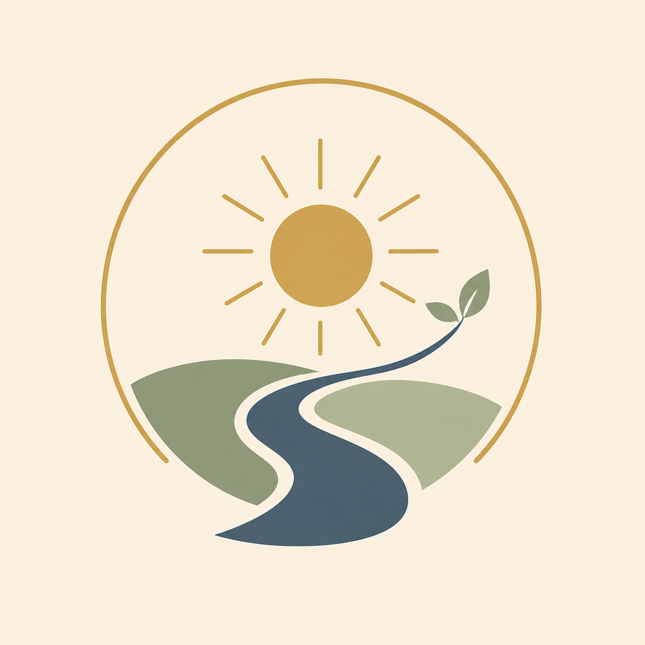 Minimalist logo featuring a sun with radiating lines, a winding river, green hills, and a small plant with two leaves inside a circular border.