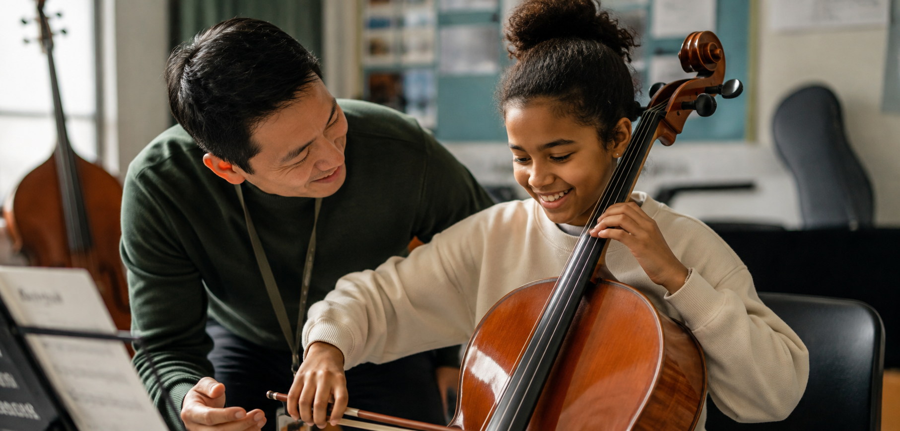A music teacher helping a young girl play the cello in a music classroom.