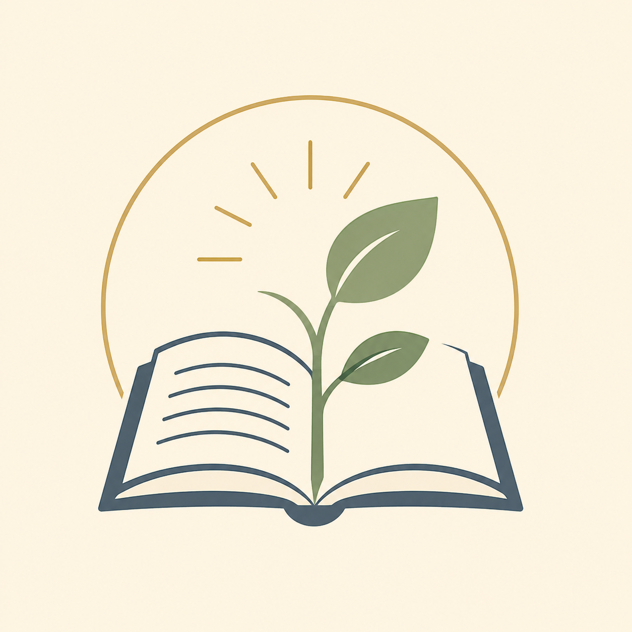 An open book with a green plant sprouting from it, a semi-circle clock or sun behind, symbolizing growth and knowledge.