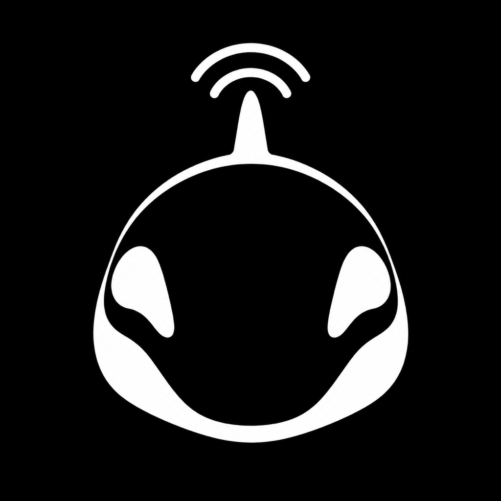 Simplified black and white icon of an alien head with an antenna emitting Wi-Fi signals. Orca podcast app available on the App Store.