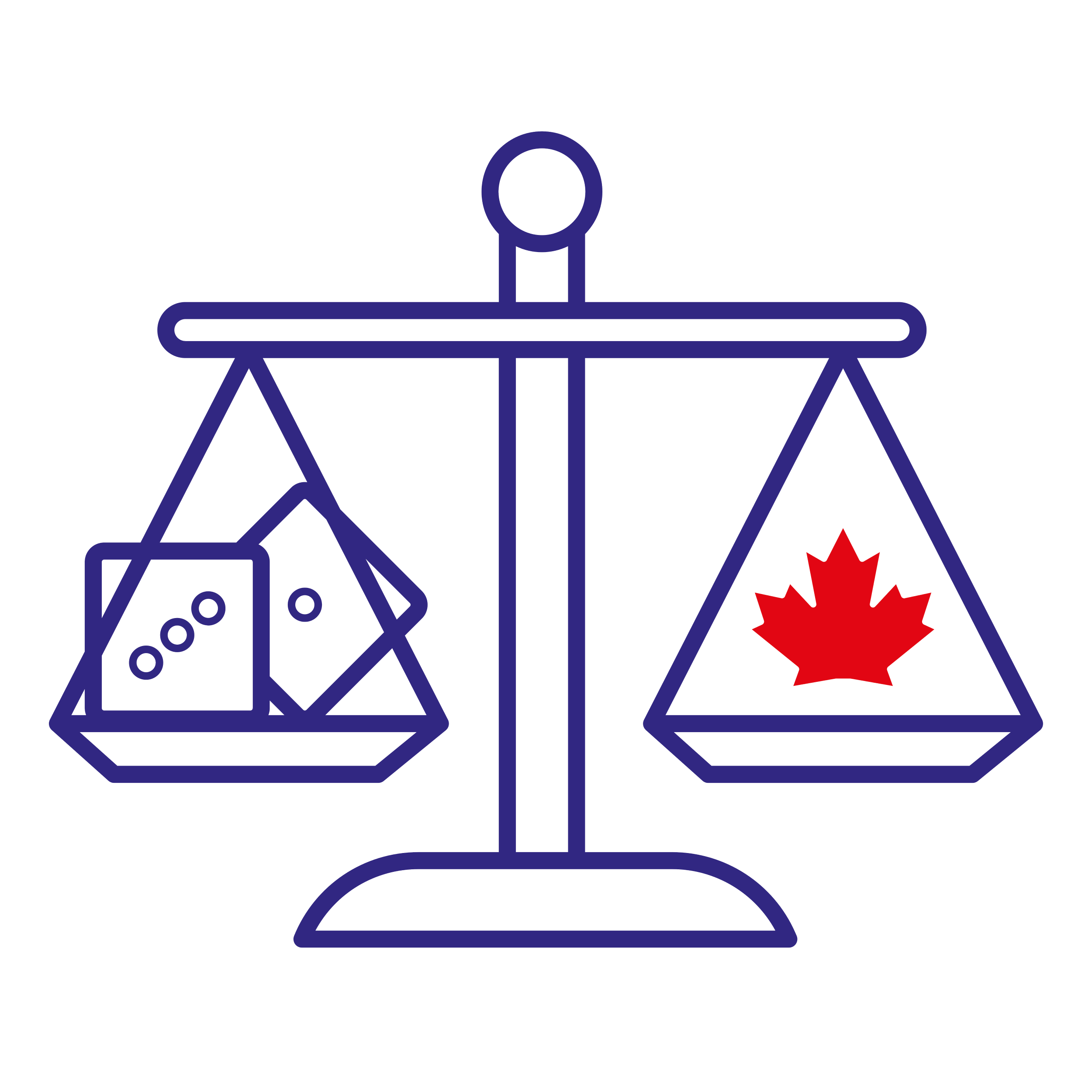 A scale balancing dice and the Canadian maple leaf.