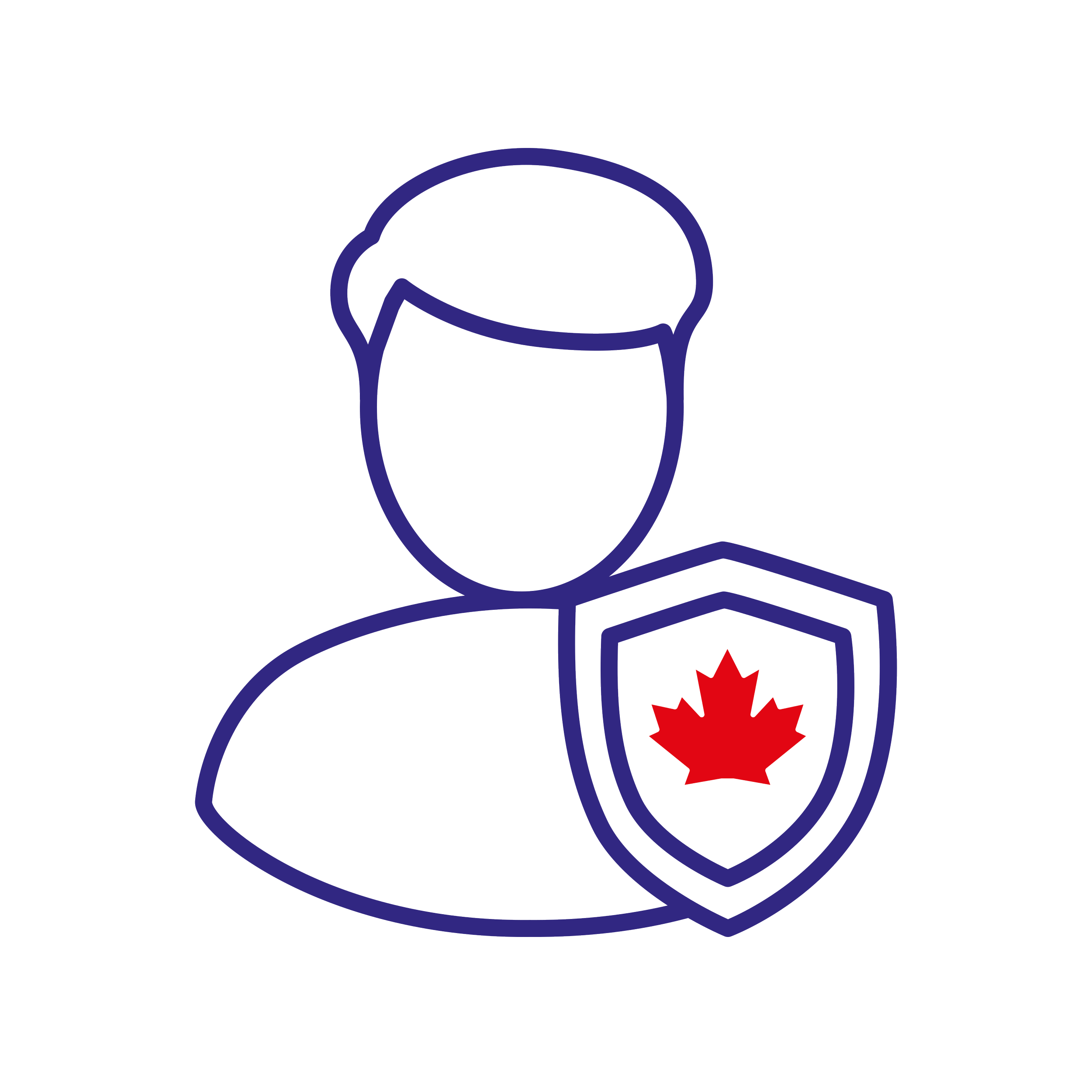 Outline of a person holding a shield featuring a red maple leaf.