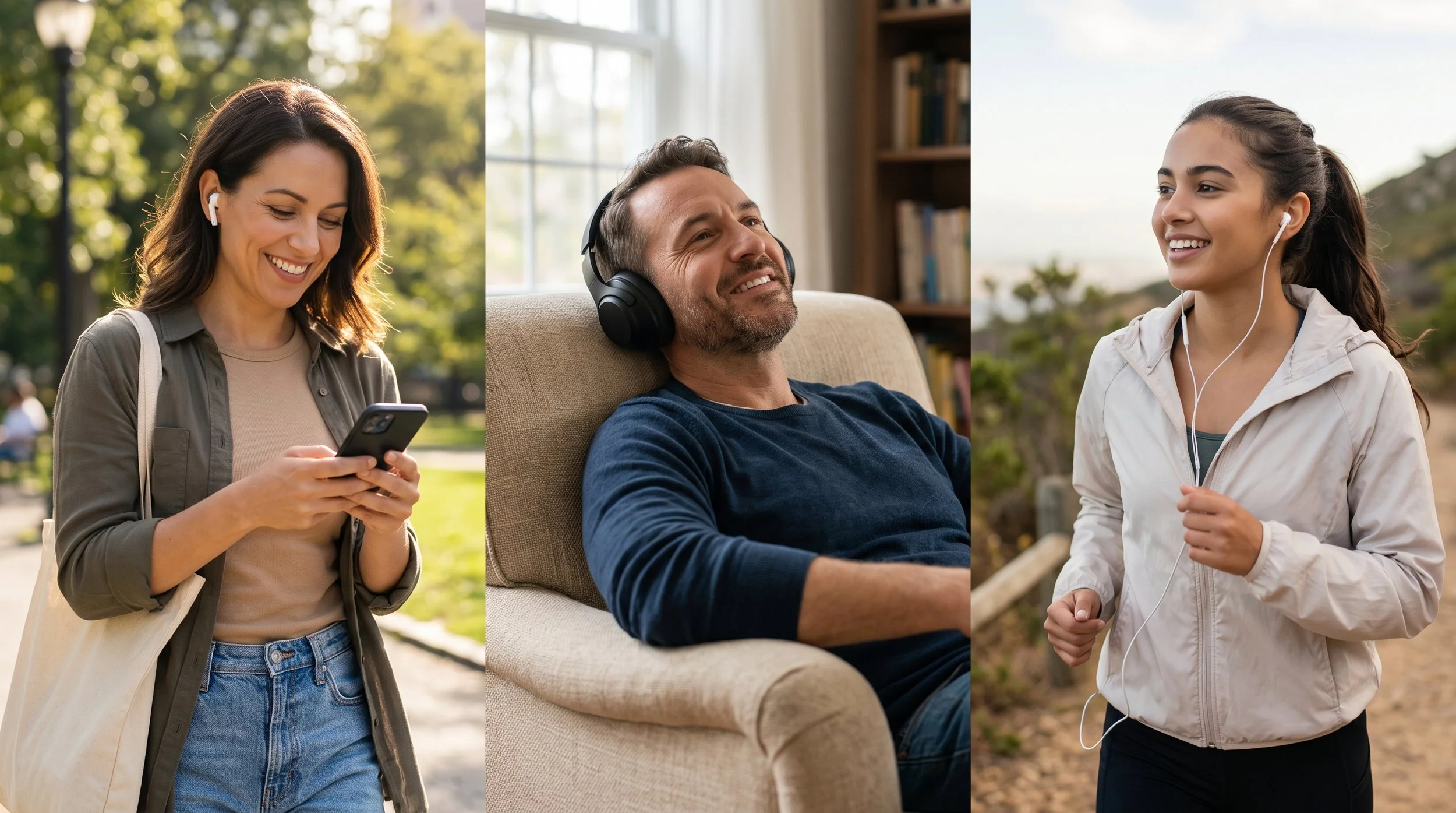 Collage of three people enjoying listening to music or podcasts with headphones and smartphones outdoors and indoors.