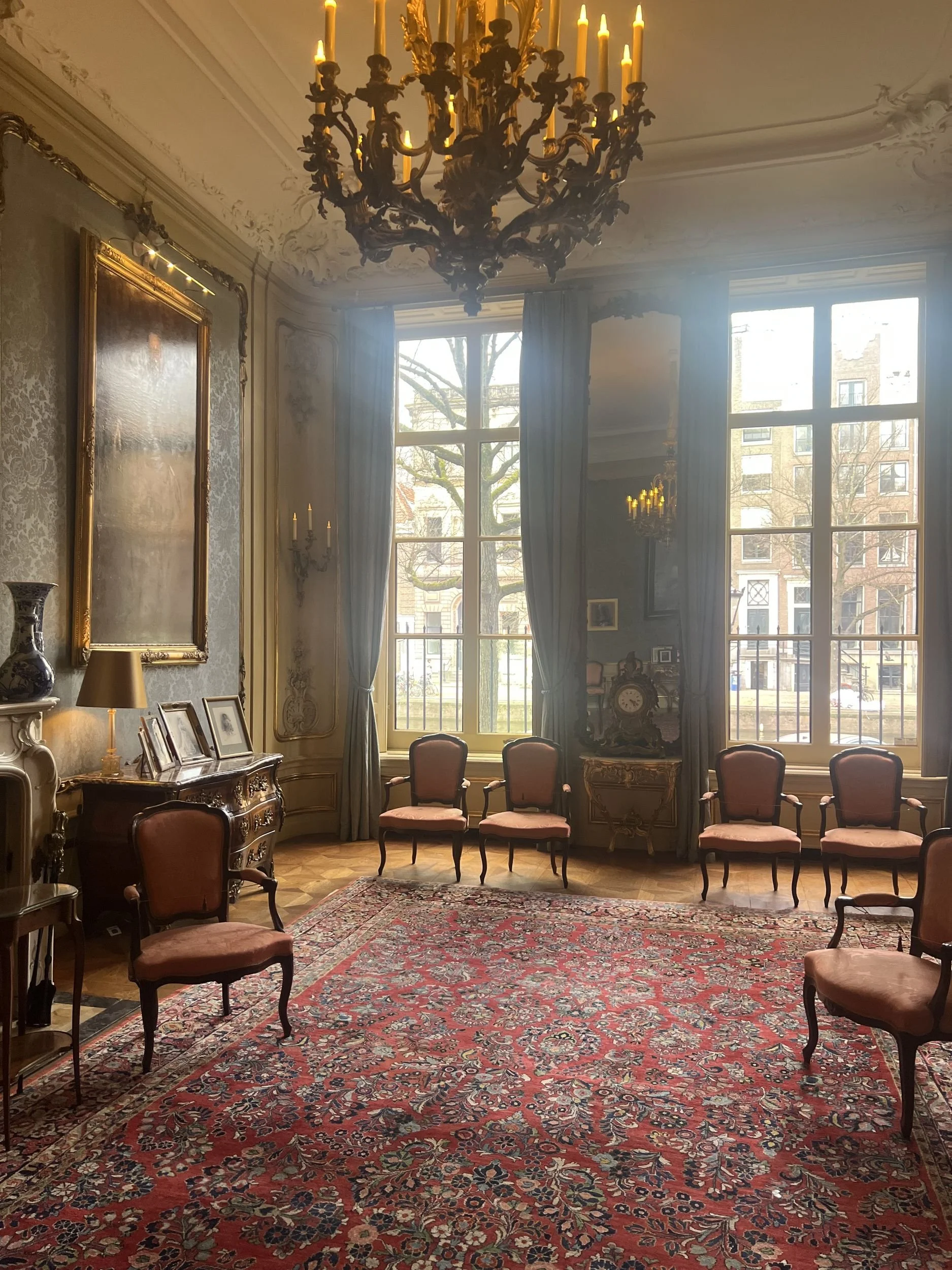 Chandelier and period furniture in an Amsterdam canal house salon, a private venue