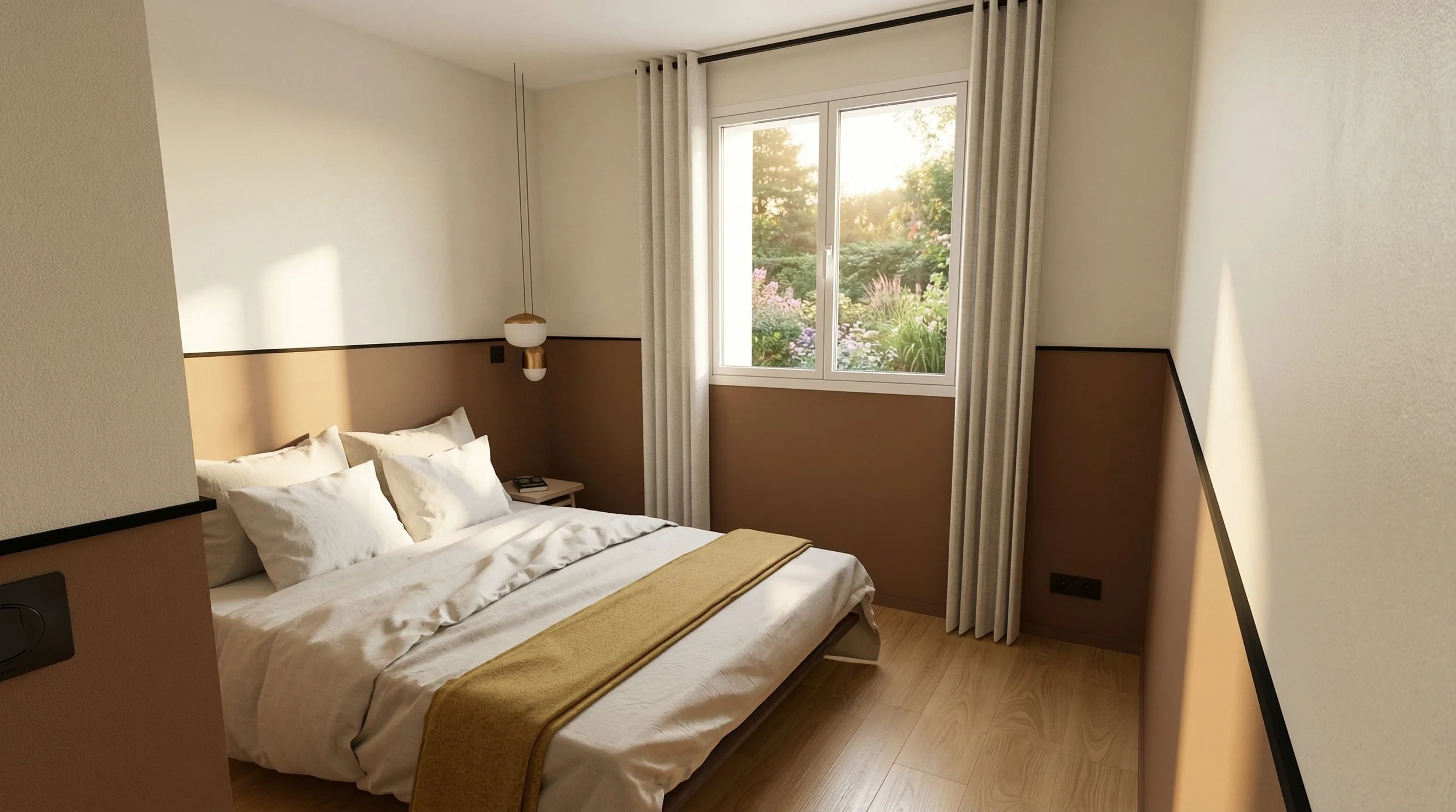 Vue sur la nouvelle fenêtre d'une chambre créée dans un garage, donnant sur un jardin. Aménagement cosy avec lit, linge de maison greige, suspensions design et murs bicolores brun et blanc.
