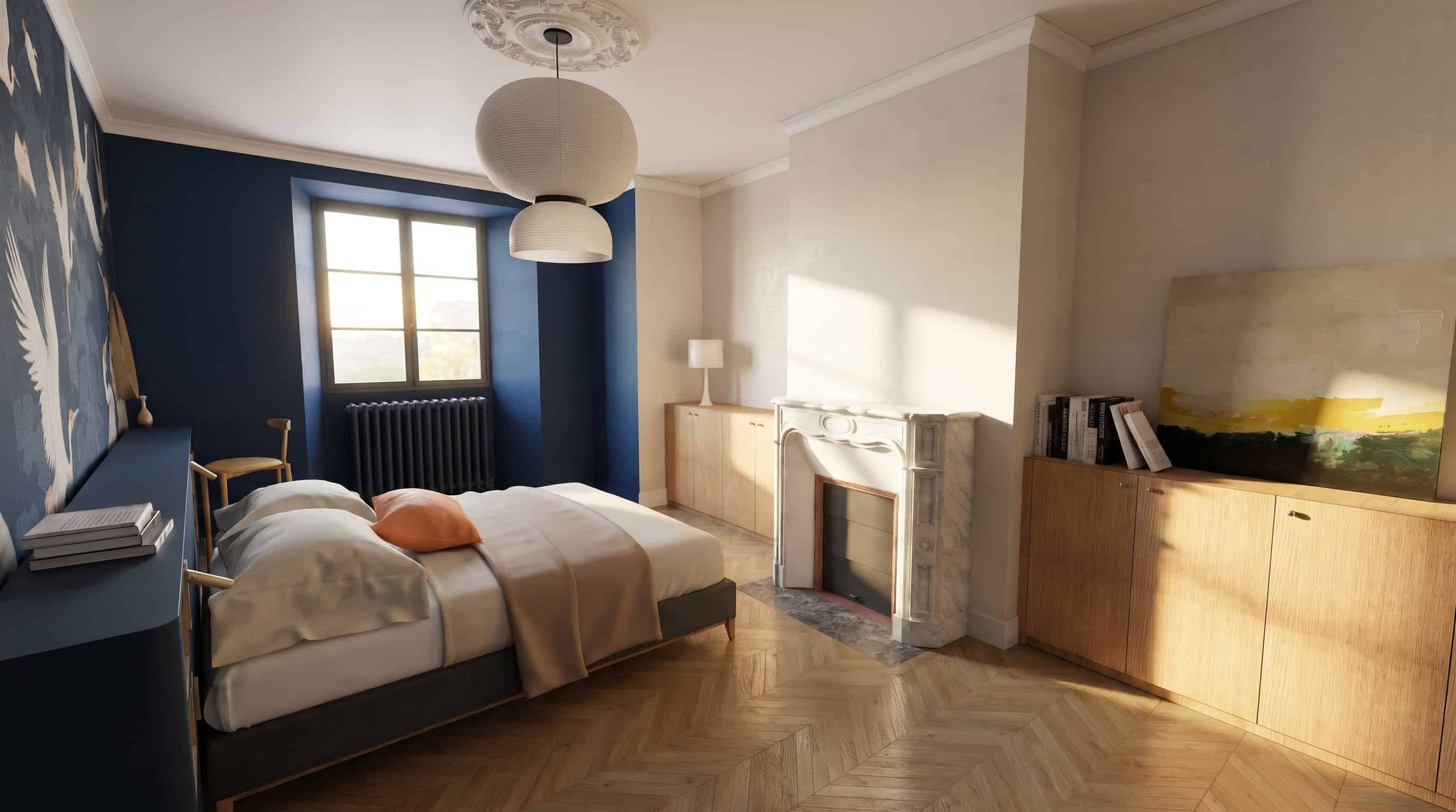 Aménagement d'une suite parentale à Toulouse : mise en valeur de la cheminée en marbre encadrée par des placards bas sur mesure en stratifié chêne naturel Oberflex.