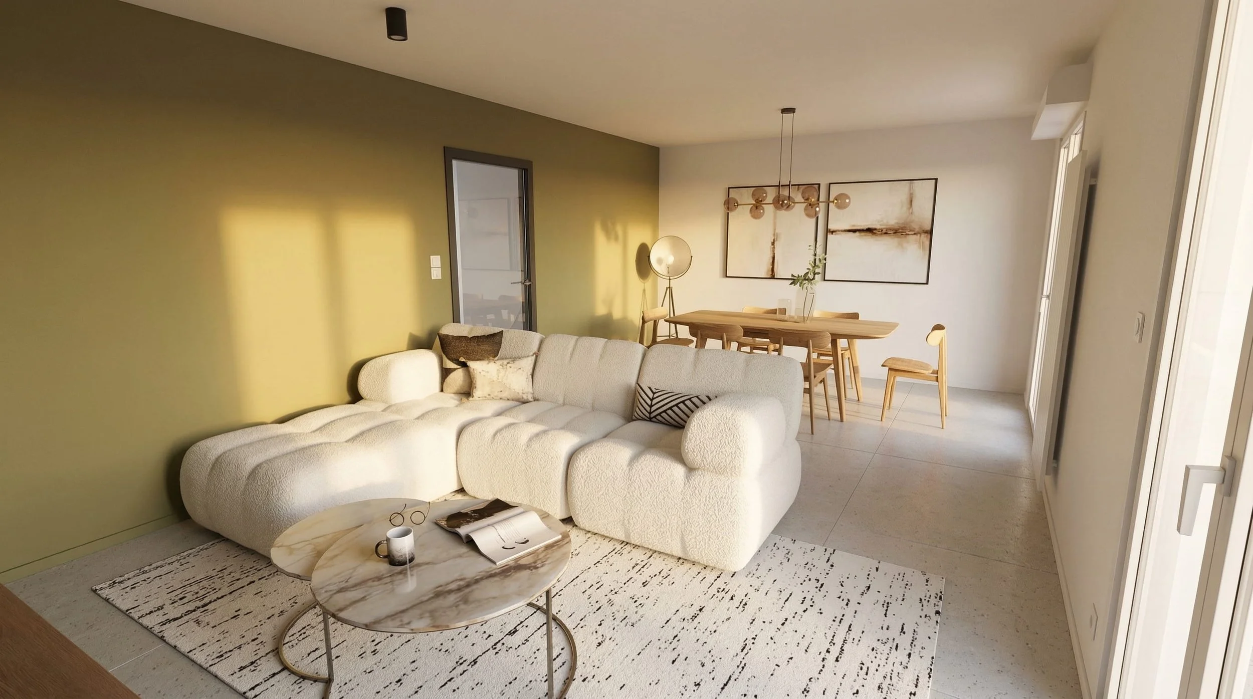 Salon moderne avec canapé blanc, table basse en marbre, tapis, et un coin repas avec table en bois et chaises, décoré avec des peintures abstraites.