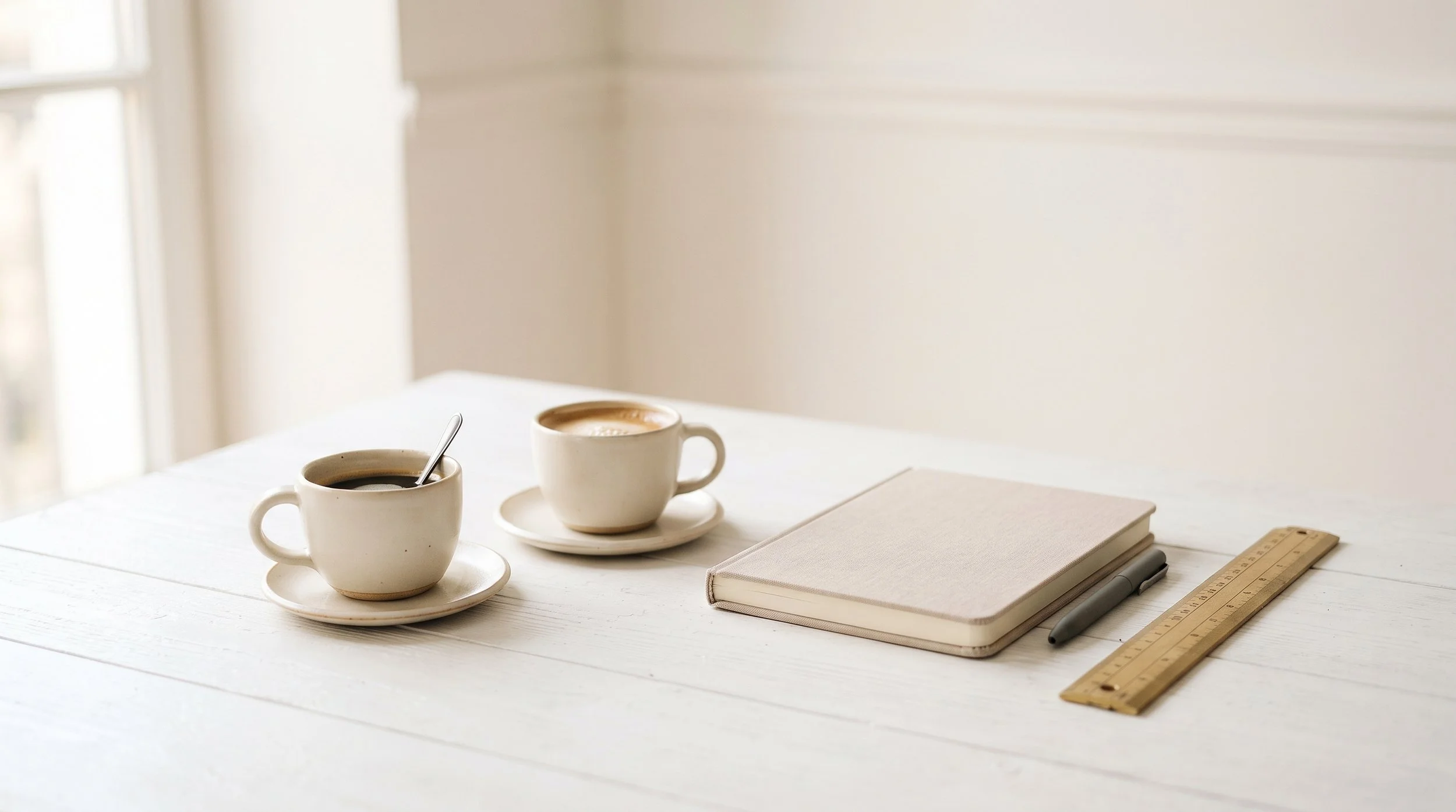 Tasses de café, carnet d'étude et règle d'architecte sur table blanche pour une visite conseil en architecture d'intérieur à Toulouse.