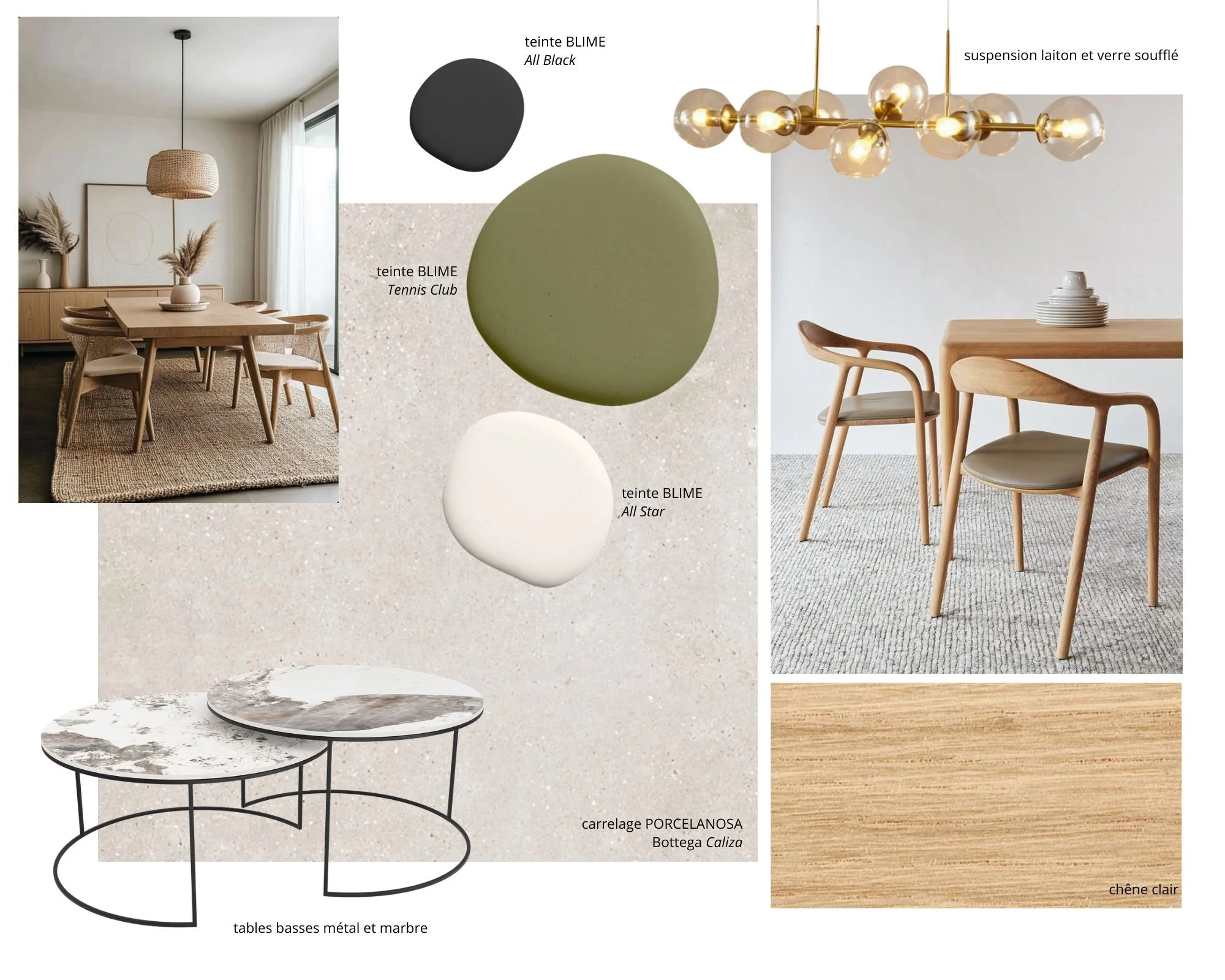 Planche de matériaux et palette chromatique du projet : vert olive, bois naturel, laiton et carrelage Bottega Caliza.