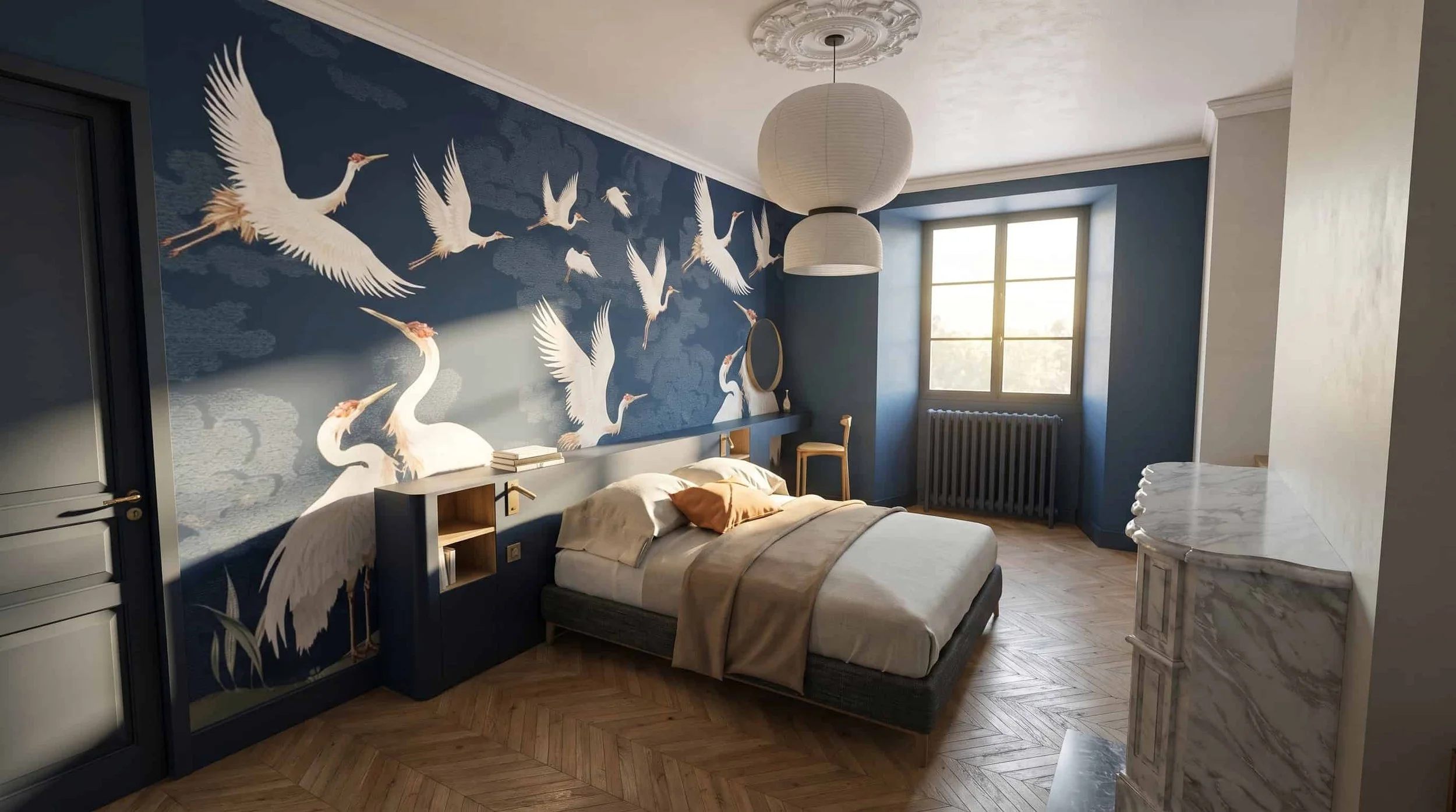 Rénovation d'une chambre parentale haussmannienne à Toulouse : papier peint panoramique bleu nuit aux hérons, parquet en chêne à chevrons et rosace d'origine.