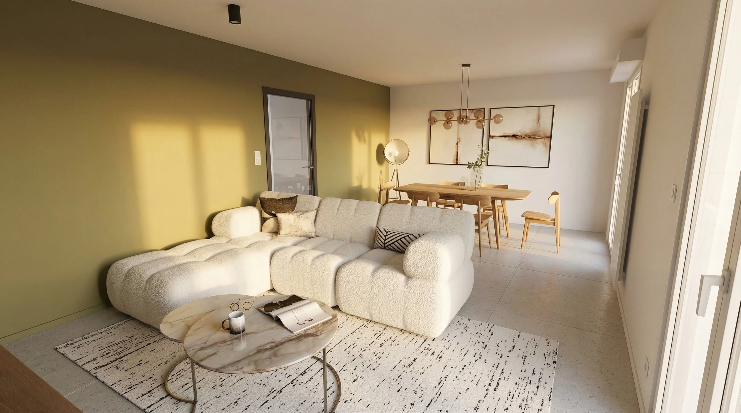 Salon moderne avec canapé blanc, table basse en marbre, tapis, et un coin repas avec table en bois et chaises, décoré avec des peintures abstraites.