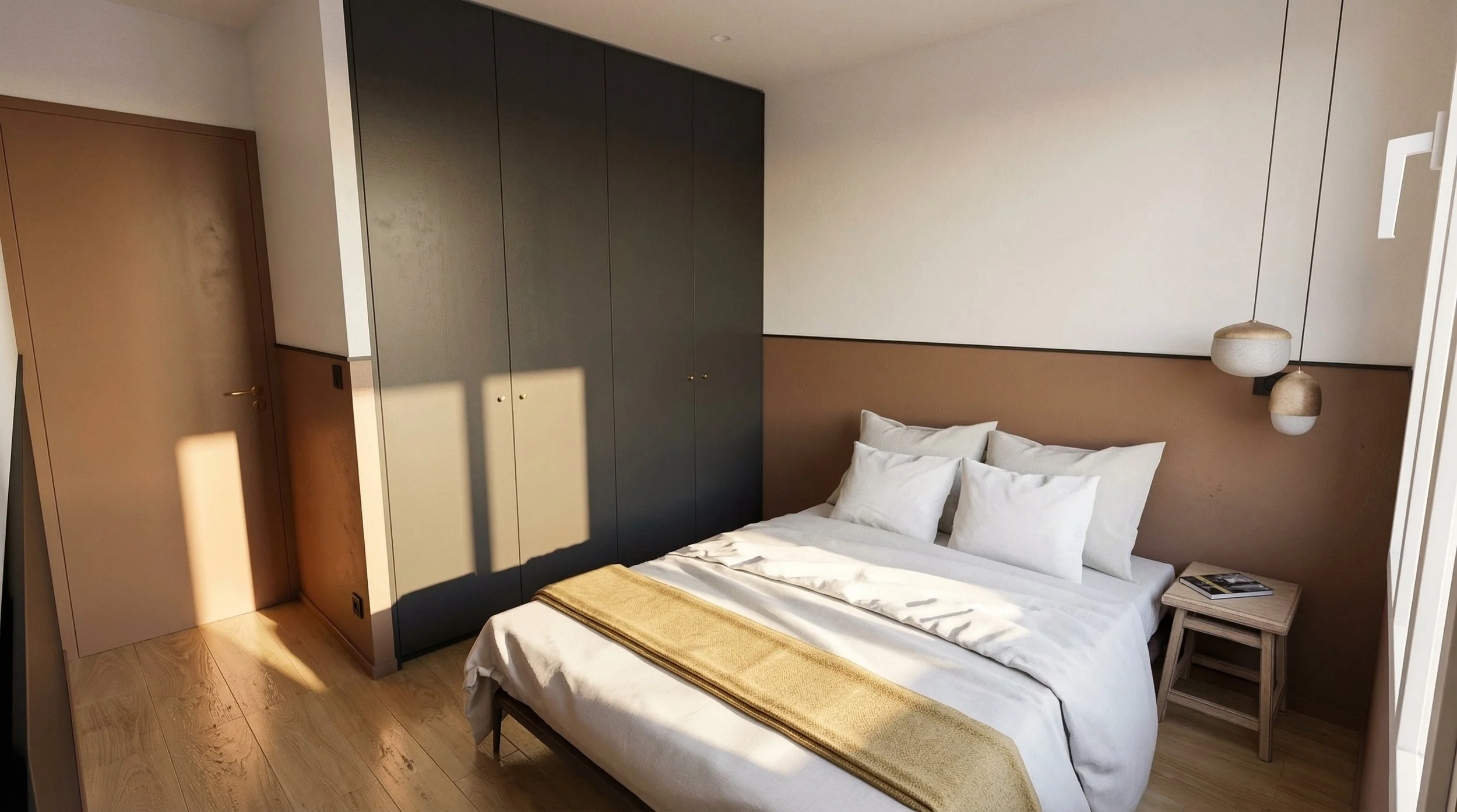 Aménagement d'une chambre parentale dans un ancien garage : grand placard sur-mesure noir mat, murs bicolores brun terre et blanc, porte d'entrée coordonnée et parquet chaleureux.