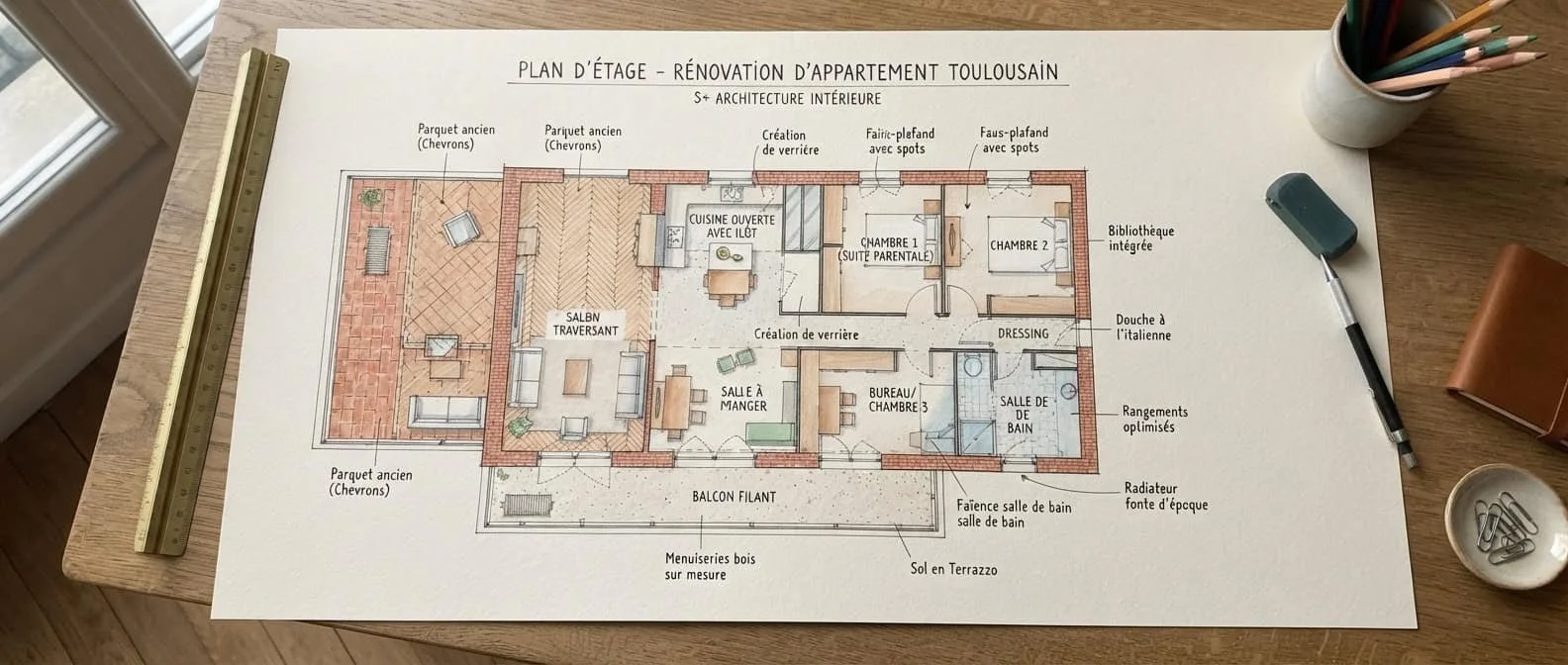 Plan d'étage détaillé pour la rénovation d'un appartement toulousain avec annotations manuscrites en français, montrant l'aménagement, les matériaux (briques, parquet) et les éléments sur mesure.
