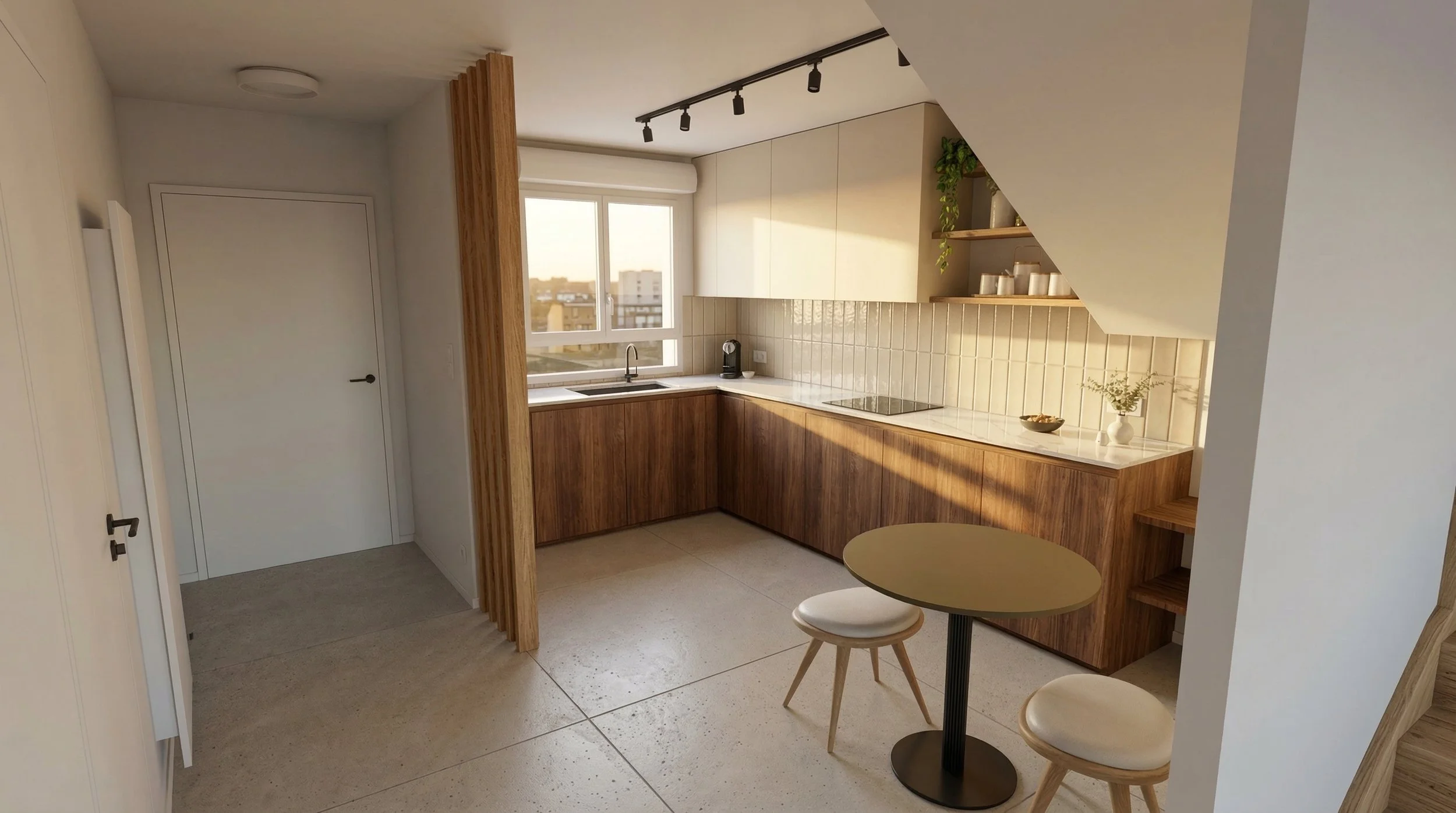 Cuisine sur-mesure optimisée sous l'escalier avec claustra en tasseaux de bois filtrant la lumière.