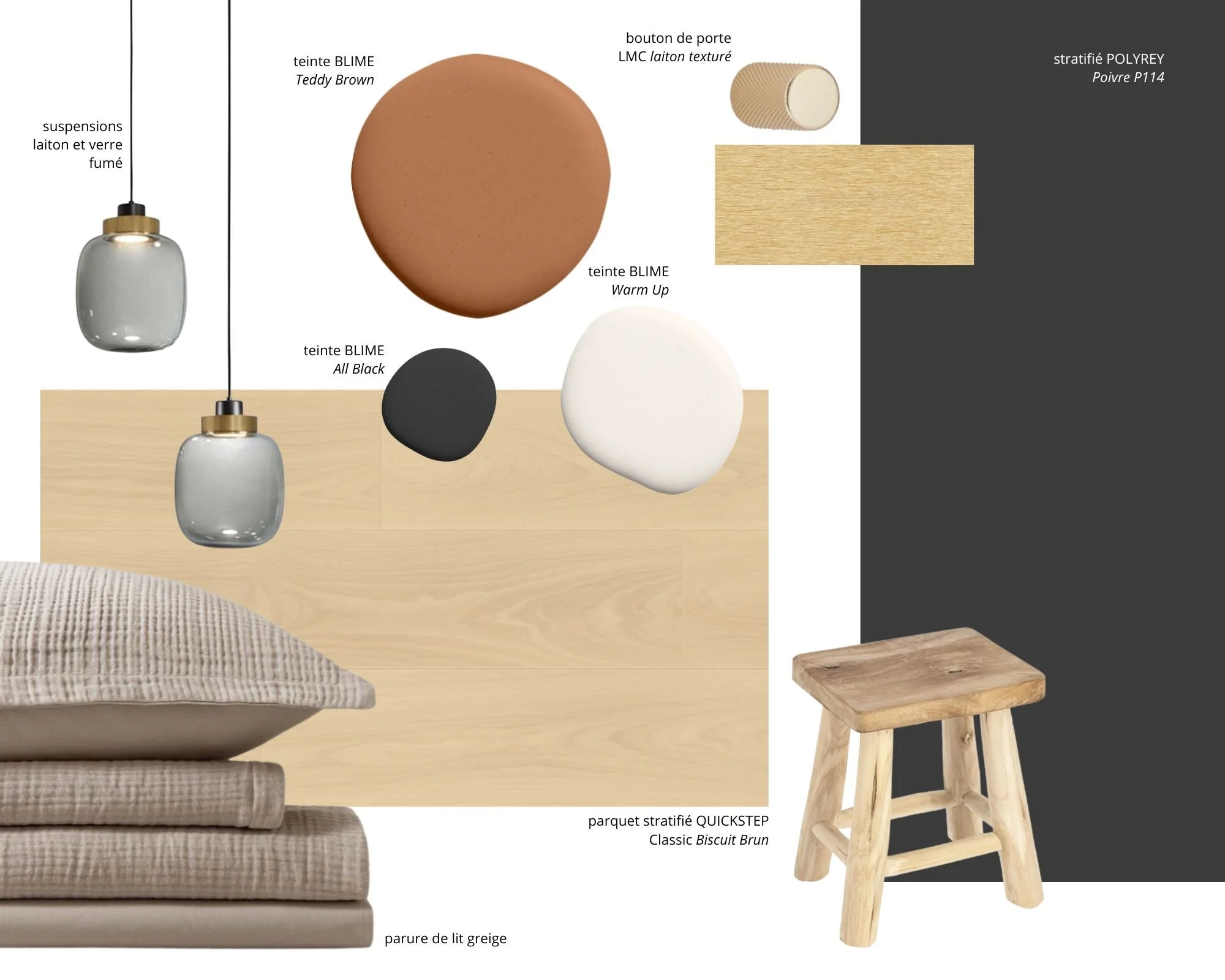 Planche de tendances pour la transformation d'un garage en chambre parentale chaleureuse. Palette de couleurs brun et noir, parquet Quickstep, suspensions laiton, lin grège.