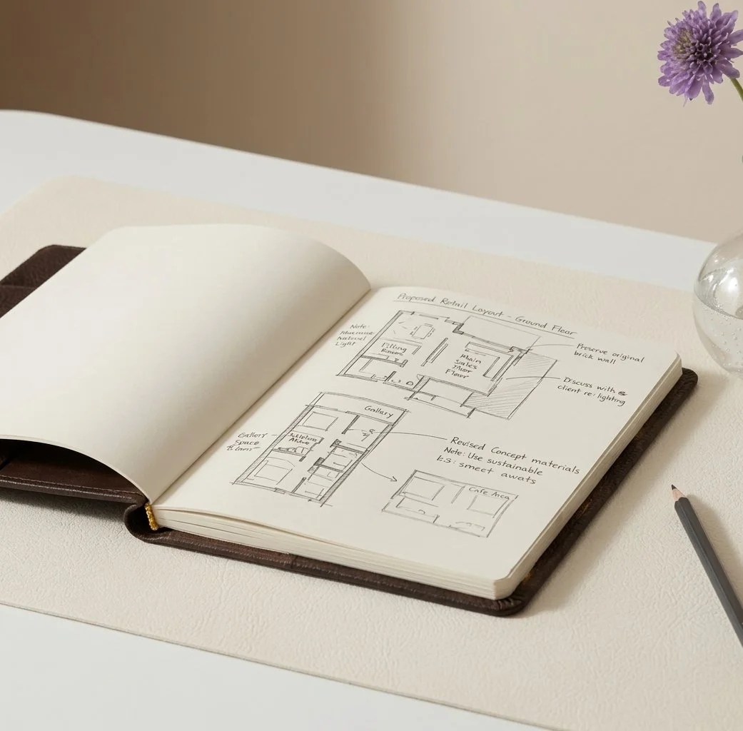 Ébauche de plan dessiné à la main sur un carnet en cuir marron, première phase de diagnostic et conception d'architecture d'intérieur à Toulouse par S+