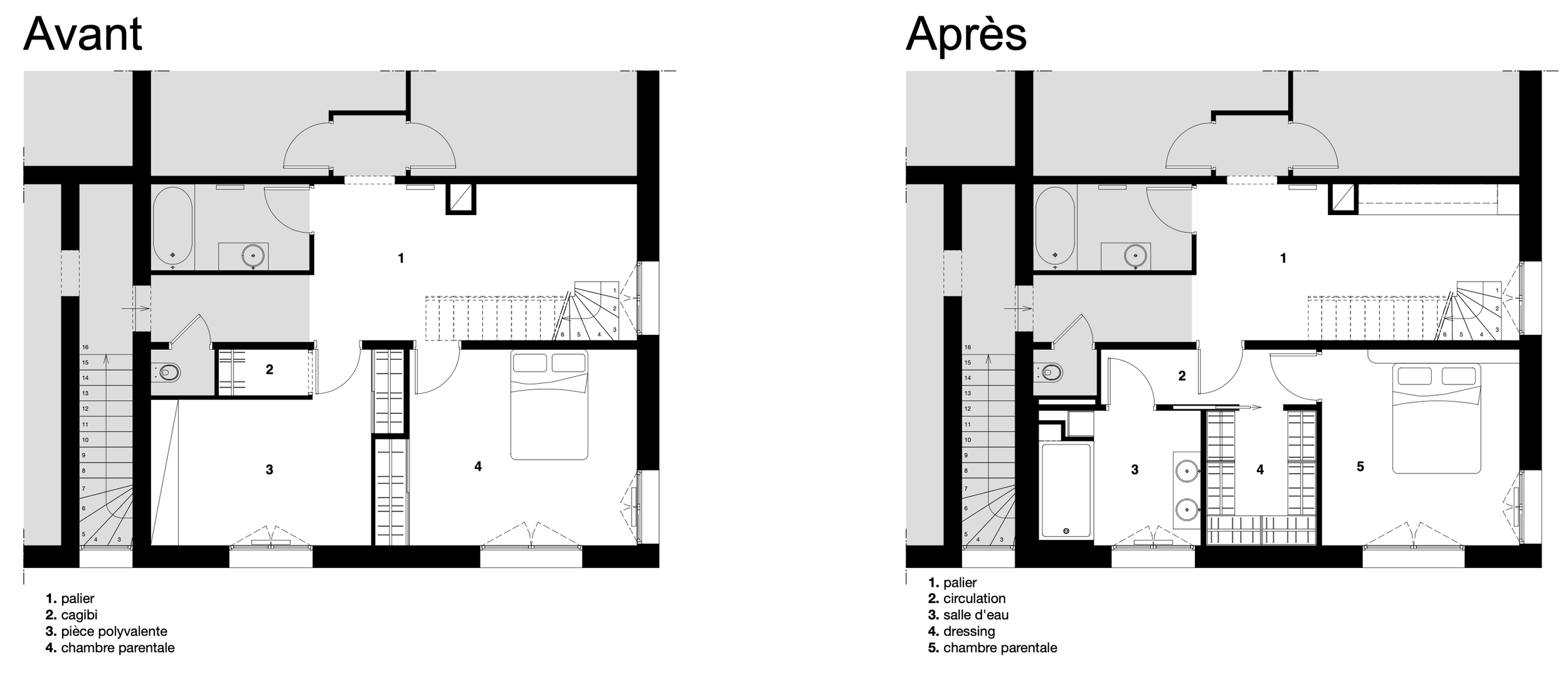 Plan d'agencement avant-après de la création d'une suite parentale avec dressing et salle d'eau à Toulouse Côte Pavée.