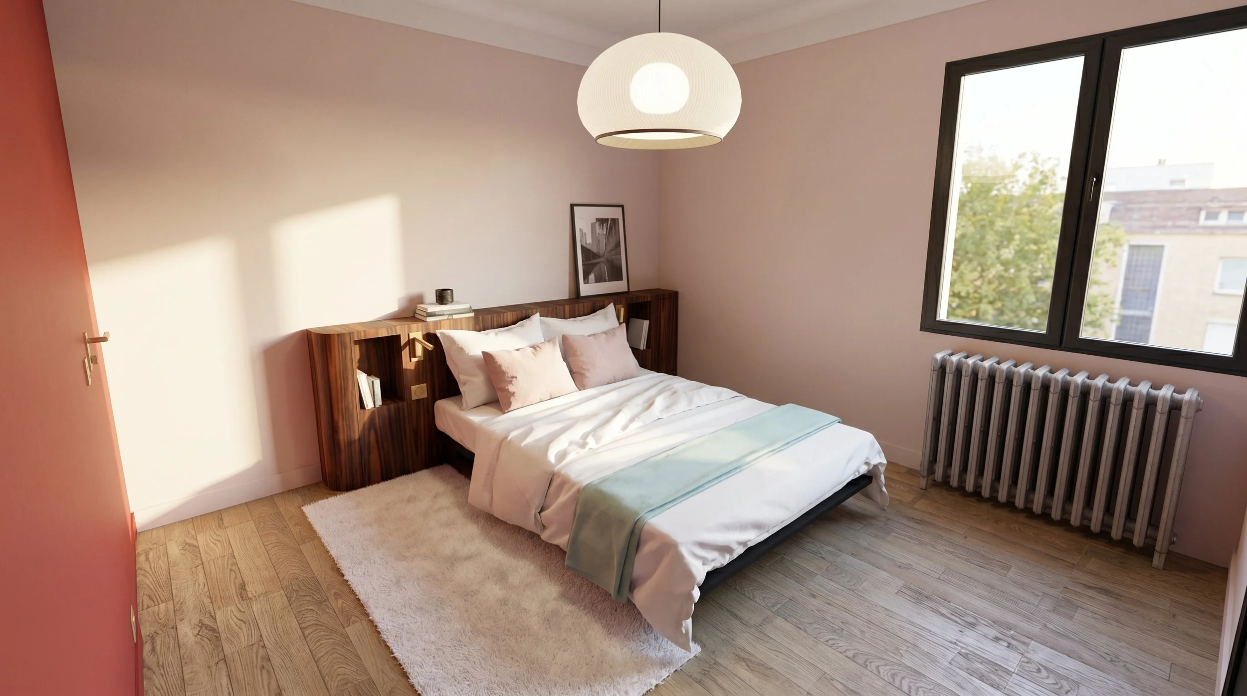 Aménagement d'une chambre parentale lumineuse à Toulouse avec radiateur en fonte rénové et parquet en bois.