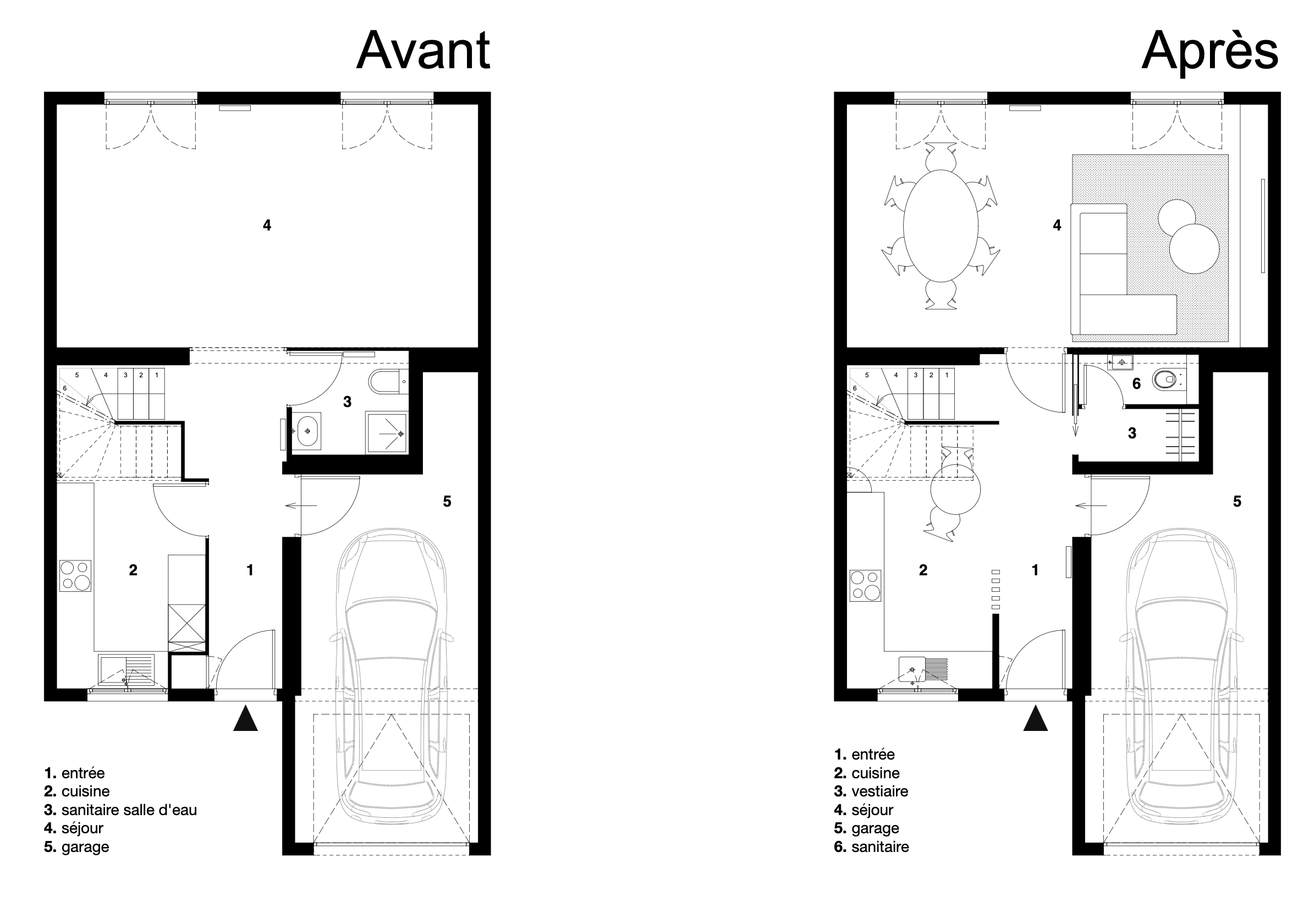 Plan d'agencement avant/après : création d'un vestiaire séparé et redistribution de la pièce de vie.