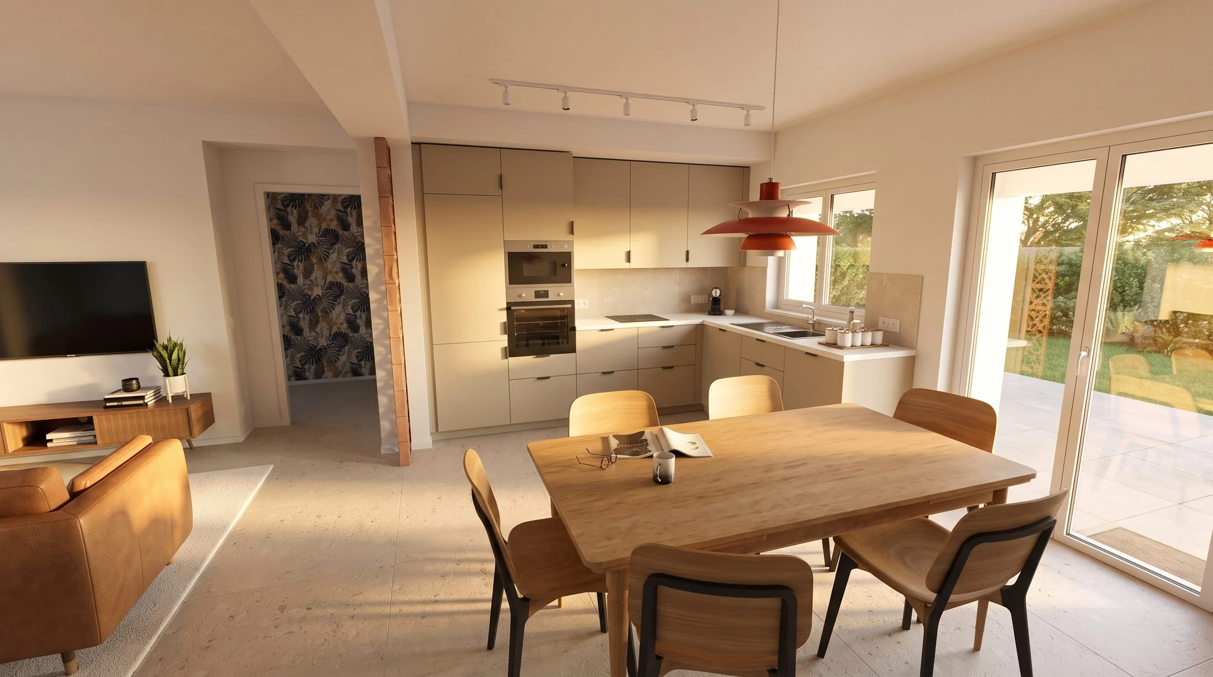 Gros plan sur la cuisine moderne installée dans le séjour, avec ses façades claires et son plan de travail optimisé.