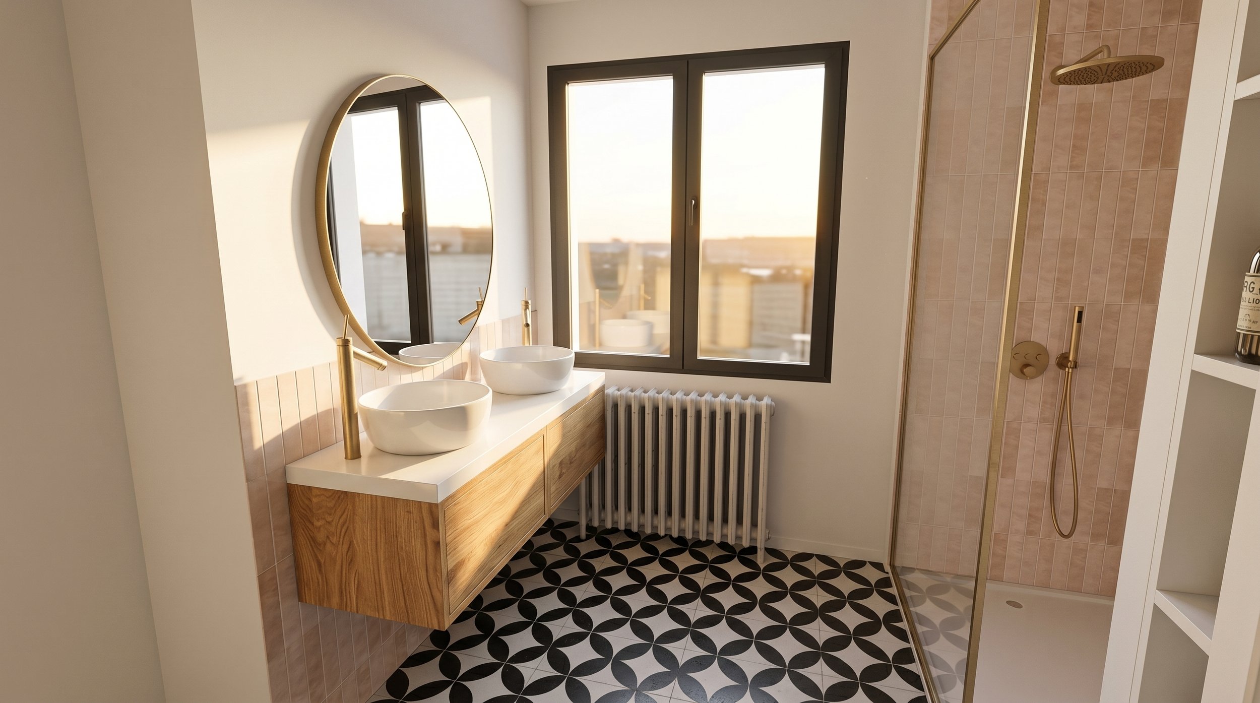 Meuble double vasque suspendu en bois dans une salle d'eau parentale avec miroir rond laiton à Toulouse.