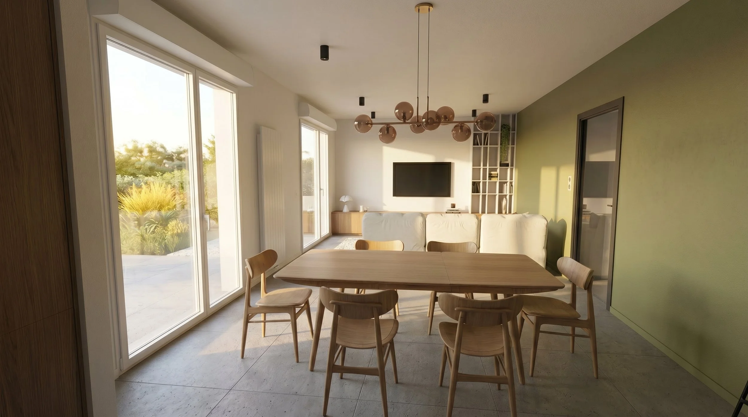 Espace salle à manger rénové à Blagnac avec mur vert kaki, table en chêne et bibliothèque sur-mesure en arrière-plan.