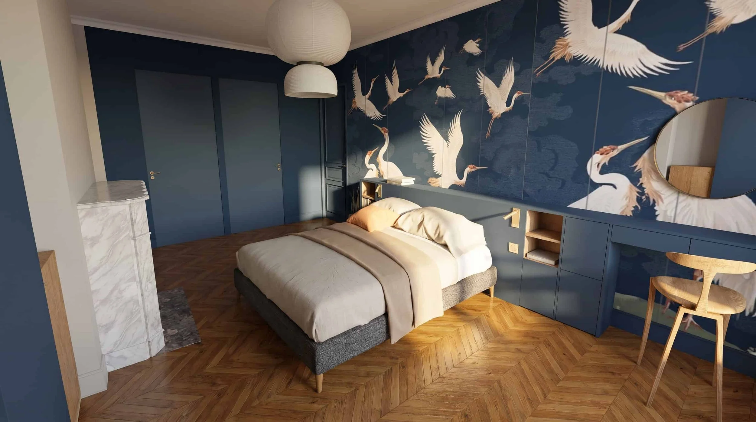 Tête de lit sur mesure en finition laquée teinte « Underwater » de Blime, intégrant des rangements intelligents et une coiffeuse sur mesure.
