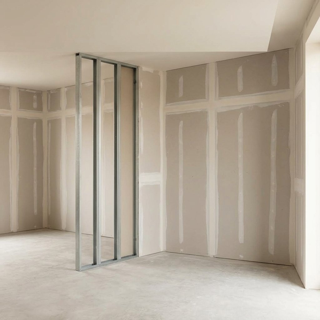 Cadrage carré sur un espace de bureau professionnel en cours de chantier à Toulouse, montrant des murs en plaques de plâtre avec joints apparents et lumière naturelle douce.