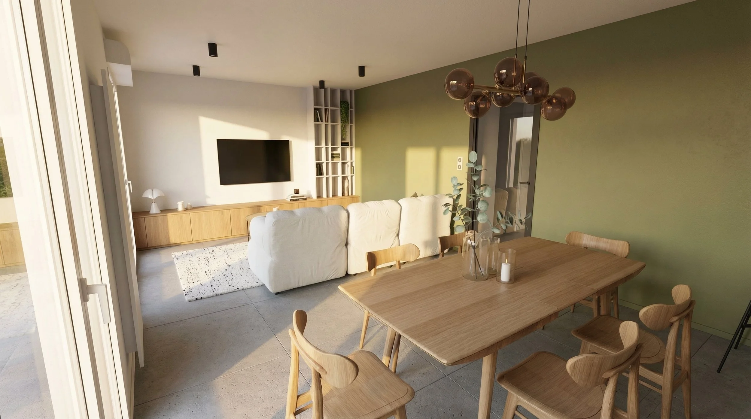 Espace salle à manger rénové à Blagnac avec mur vert kaki, table en chêne et bibliothèque sur-mesure en arrière-plan.