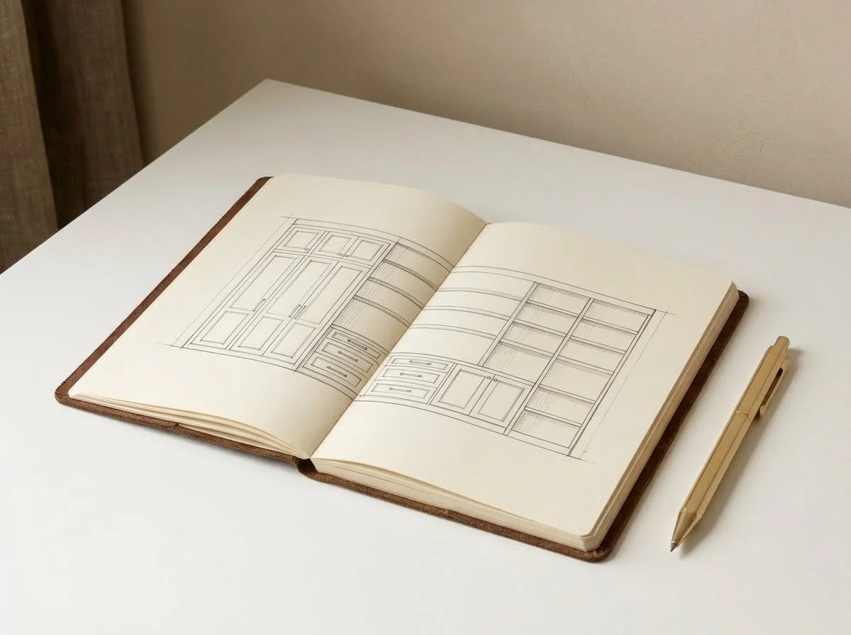 Carnet ouvert sur un bureau blanc dévoilant un croquis au crayon de dressing et bibliothèque sur-mesure par l'agence S+ architecture intérieure