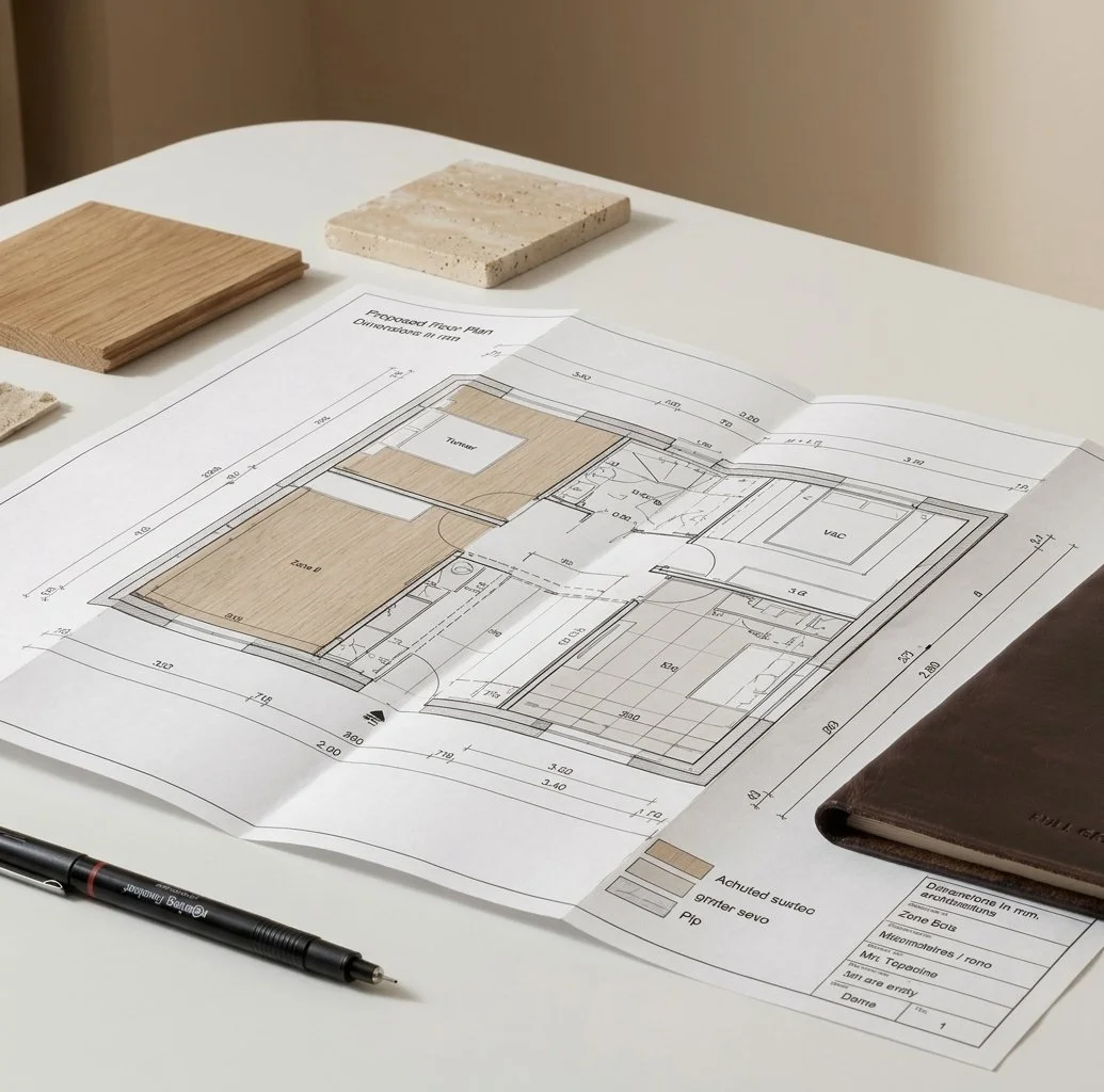 Plan d'architecte détaillé réalisé par CAO avec cotes et annotations techniques, deuxième phase de dossier technique et démarches administratives pour rénovation à Blagnac par S+